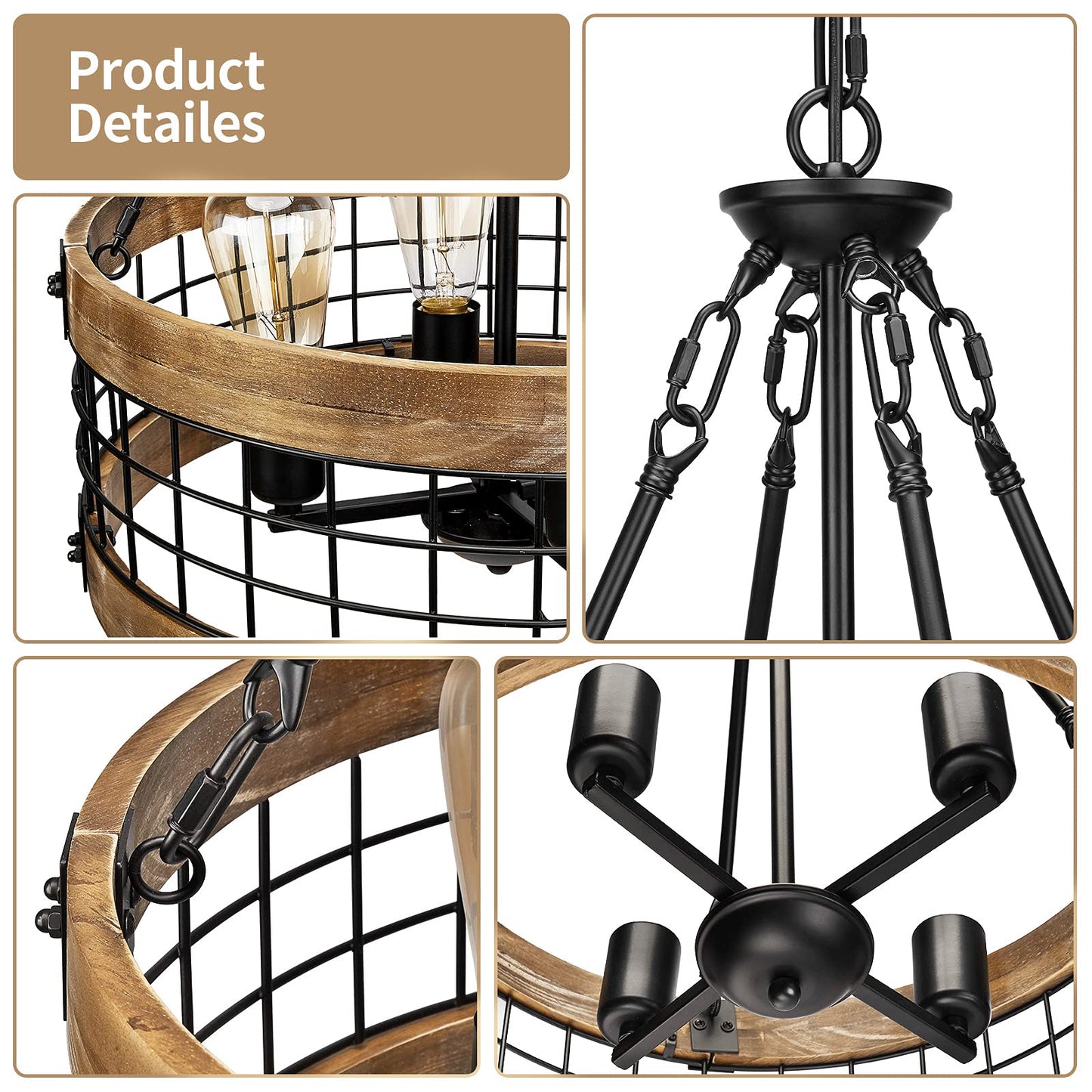 4-Light Rustic Chandelier for Entryway, Round Farmhouse Light Fixtures for Dining Room, Industrial Drum Hanging Pendant Lighting for Kitchen Island, Nature Wood Texture and Black Metal Finish