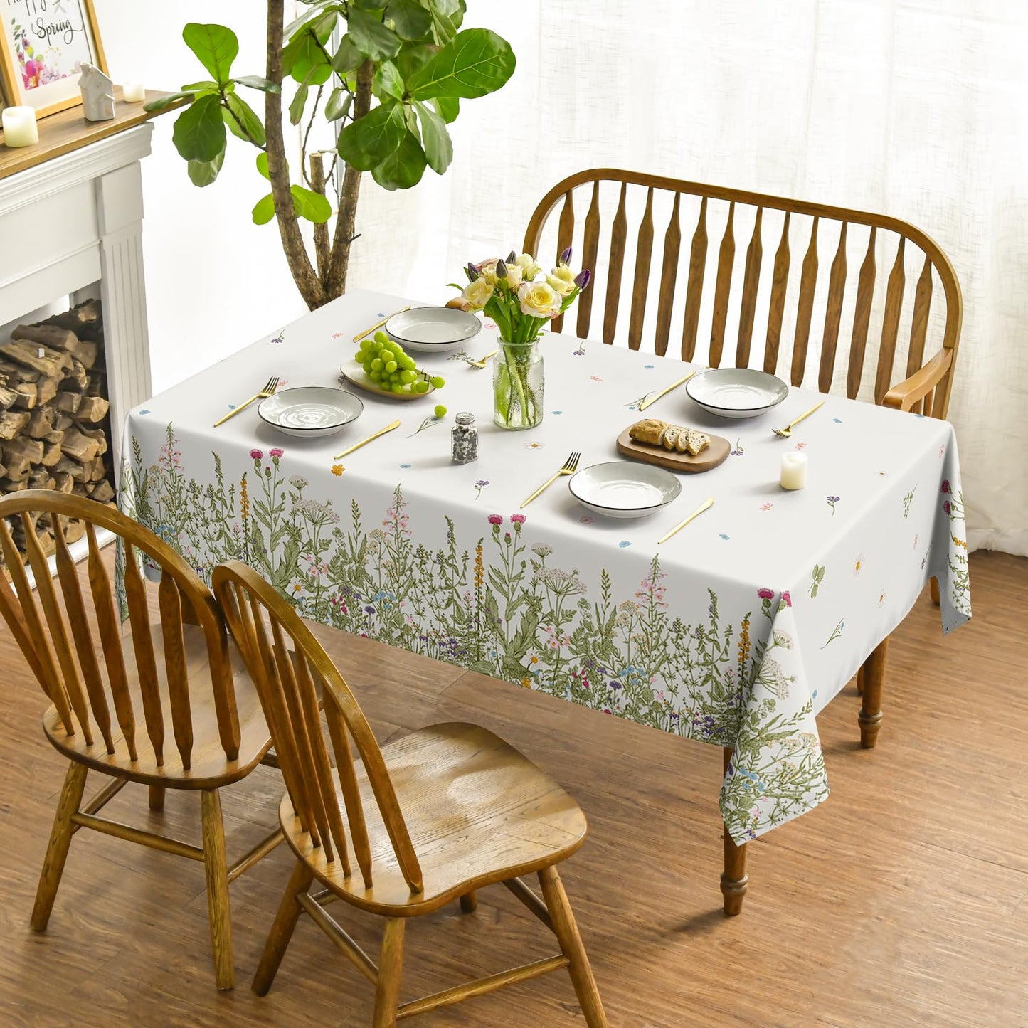 Horaldaily Spring Summer Tablecloth 60x120 Inch Rectangular, Wild Flowers Floral Table Cover for Party Picnic Dinner Decor