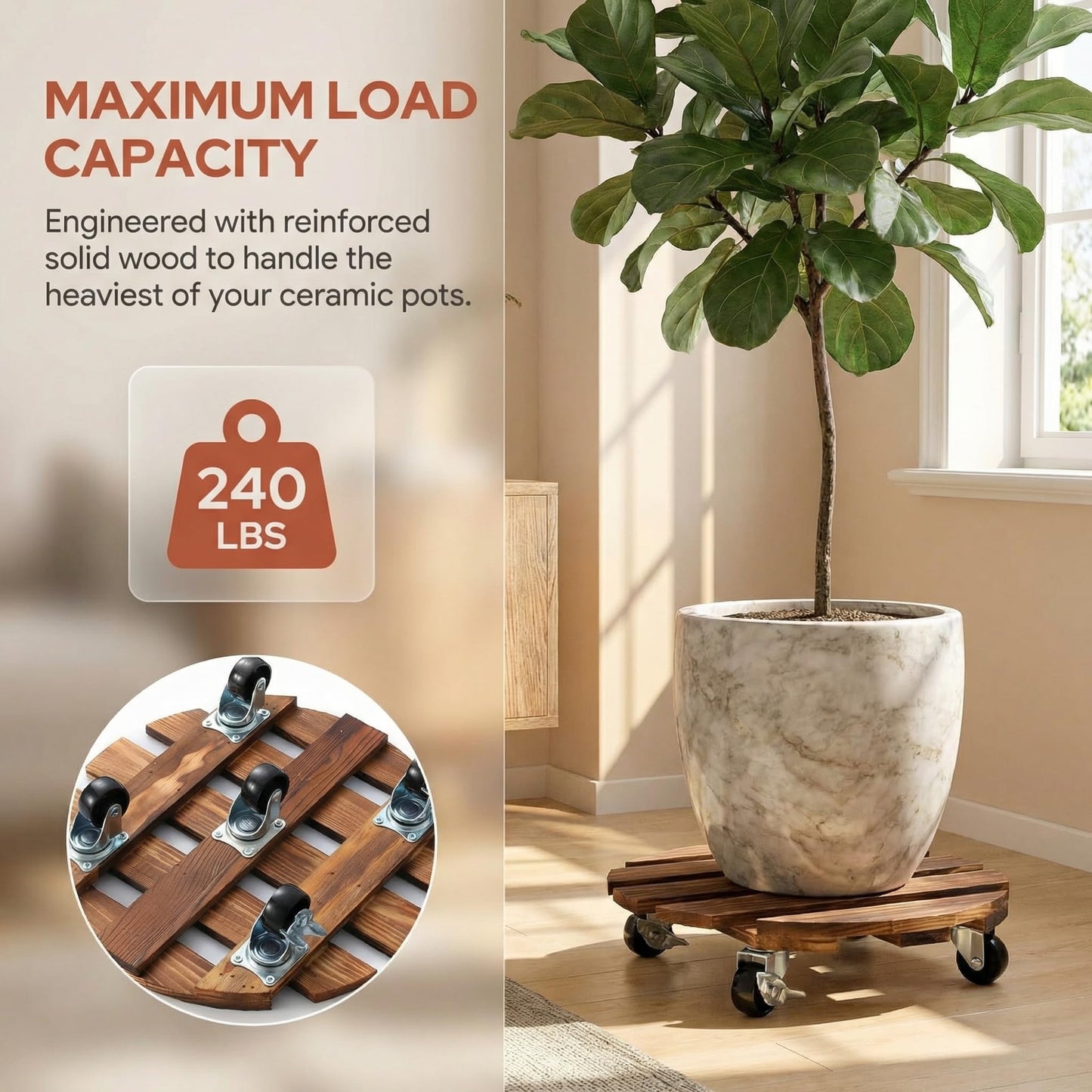 ZXZYHFTY Round Original Wooden Plant Stand with Wheels, 2 Packs Rolling Plant Stand with 360°Lockable Wheels for Vertical Garden Towers, Vertical Planting Tanks, Plant Pots, Wastebaskets (12")