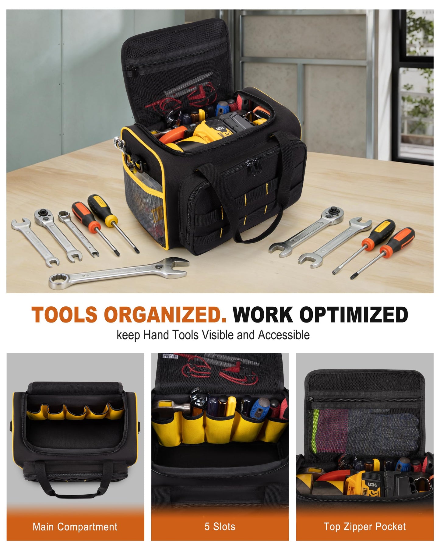 Marscamd 12-inch Tool Bag with Multiple Pockets, Heavy Duty Tool Tote for Men, Black