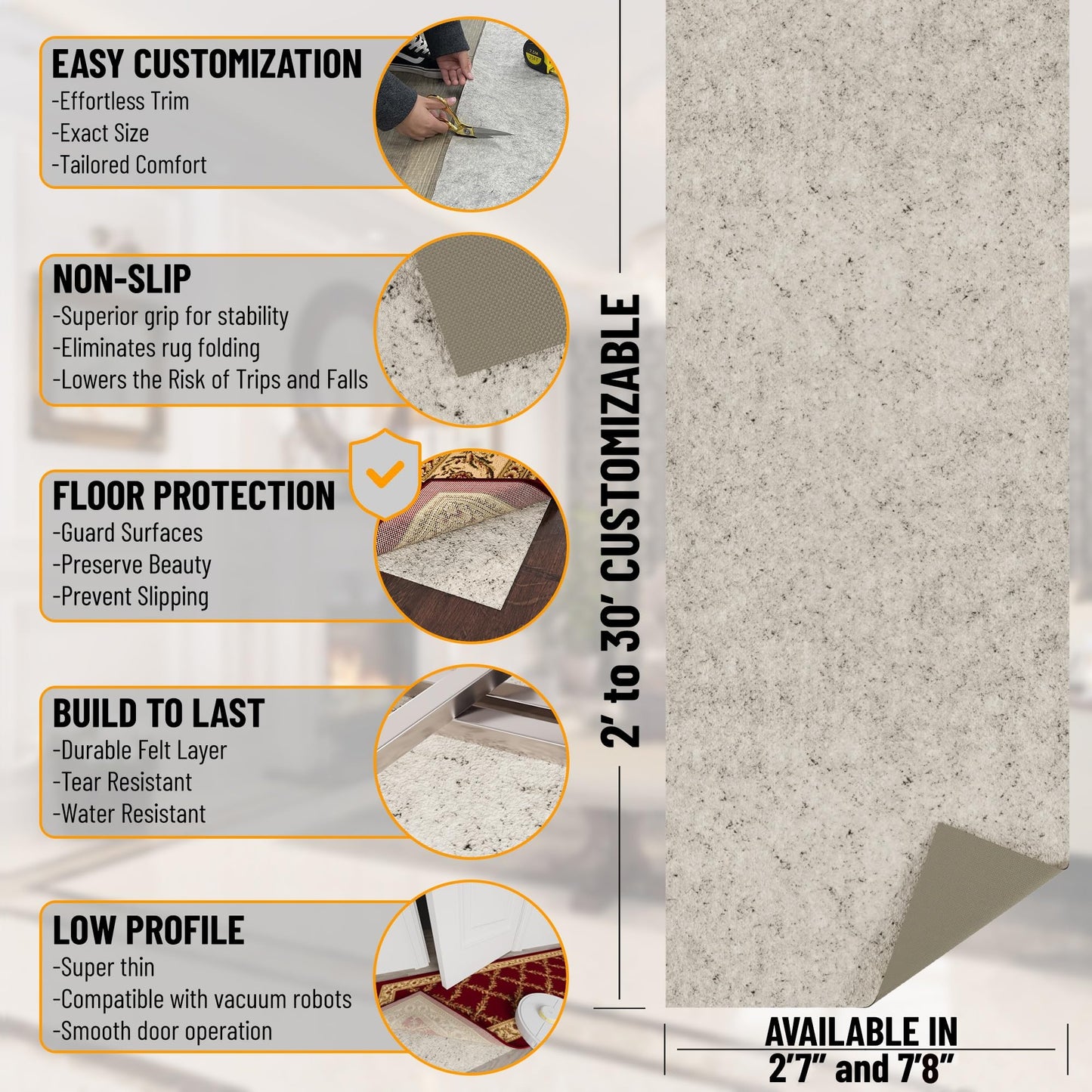 Ottomanson Non Slip Rug Pad Grip 3x23 1/8 Thick, Protection for Any Flooring Surface, Keep Your Runner Rug and Area Rugs in Place, 2'7" x 23', Beige
