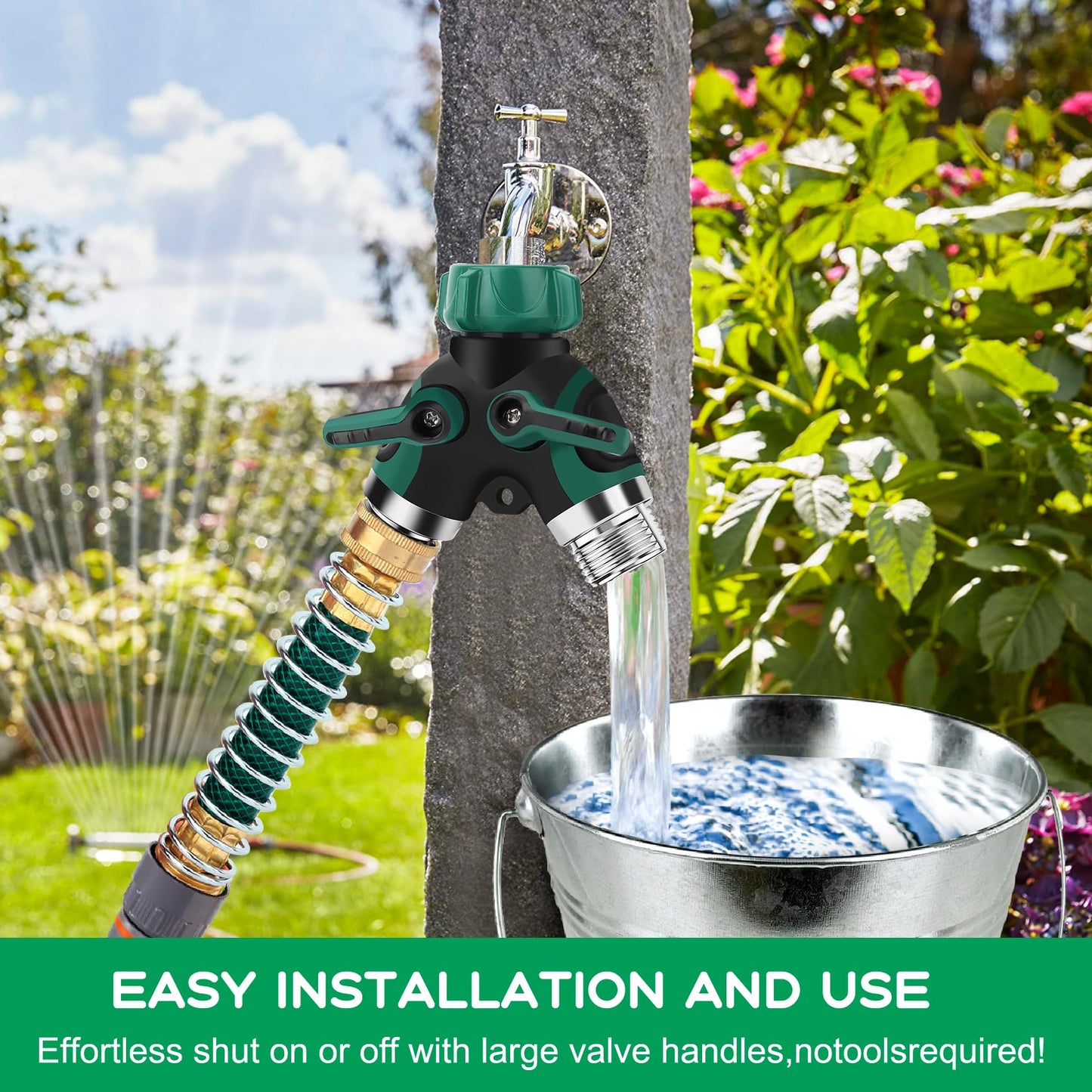 Garden Hose Splitter 2 Way, 3/4" Y Water Hose Splitter with Comfort Rubber Long Handle, Faucet Splitter, Heavy Duty Metal Connector with 2 Kink Free Faucet Extension Hose Protector