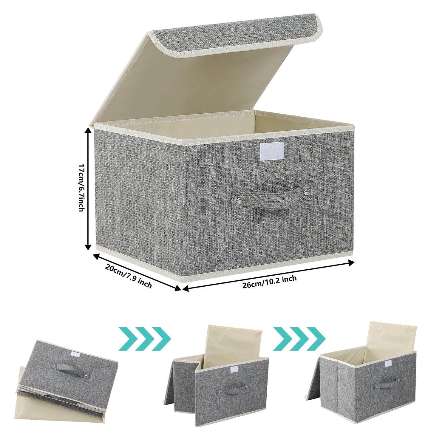 ENUMAIL Storage Boxes, Collapsible Storage Bins with Lids, Cotton and linen cloth Storage Baskets with Handle, for Books, Closet, Bedroom, Home, 10.2x7.9x6.7 in, Grey