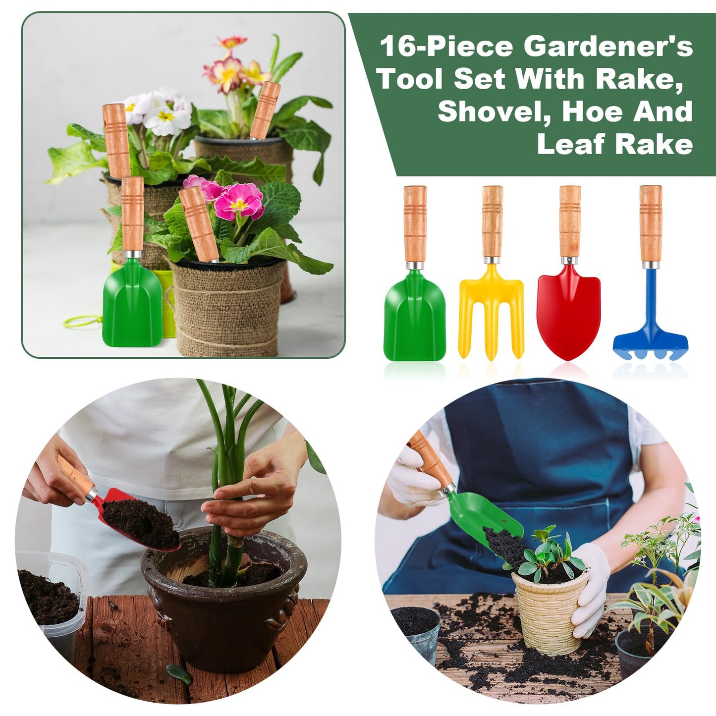 16 Pcs Gardening Tools Metal Garden Beach Sandbox Digging Including Shovel, Rake, Fork and Trowel, Garden Beach Sand Tools with Wooden Handle Hoe for Gift Outdoor Gardening