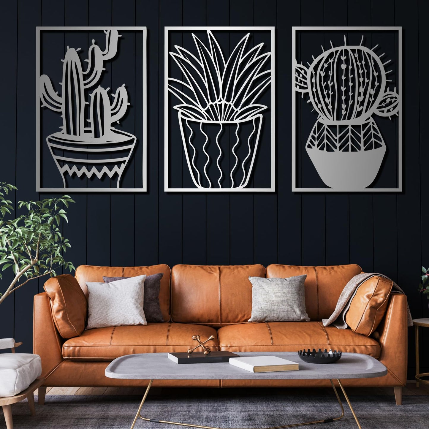Metal Cactus Wall Decor, 3 Pcs Cactus Wall Art, Southwest Desert Wall Art, Large Plant Wall Decor, Natural Themed Metal Wall Hanging, Wall Art for Living Room, Yard, Outdoor (Black, 53"x105" | 134x270cm, metal wall art)