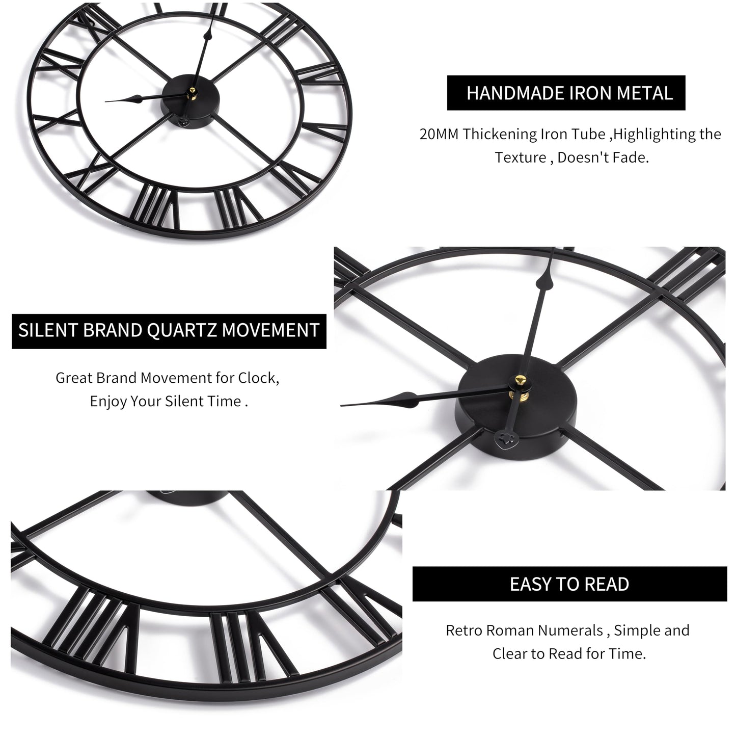LEIKE Large Wall Clock, 24" Completely Silent, Non Ticking, Battery-Operated,Rustic Round Modern Metal Wall Clock Decor for Living Room, Bedroom and Kitchen, (60cm, Black-Roman Number)