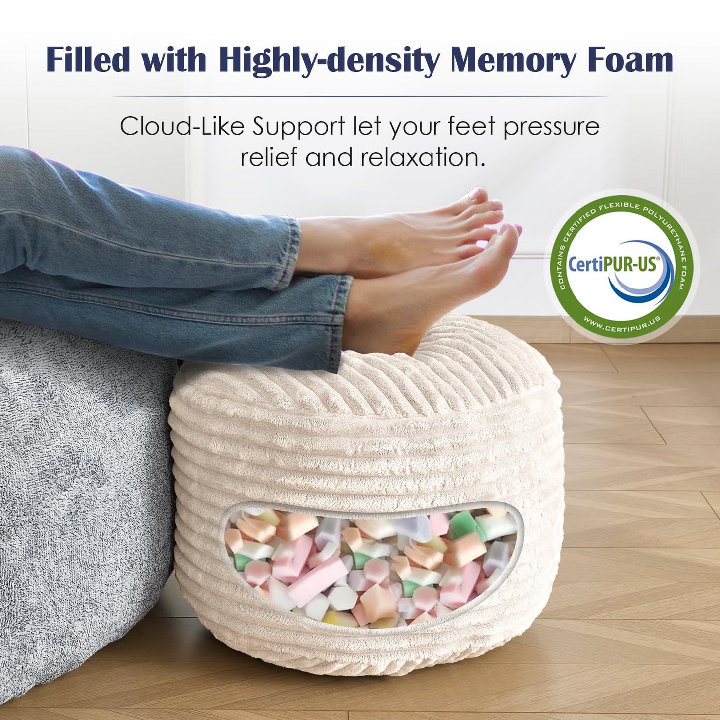 INSPIRE CRAFTER Round Pouf Ottoman,Corduroy Poufs with Memory Foam Filling for Foot Rest,Soft Footstool for Living Room,Office,20"x 15",Beige