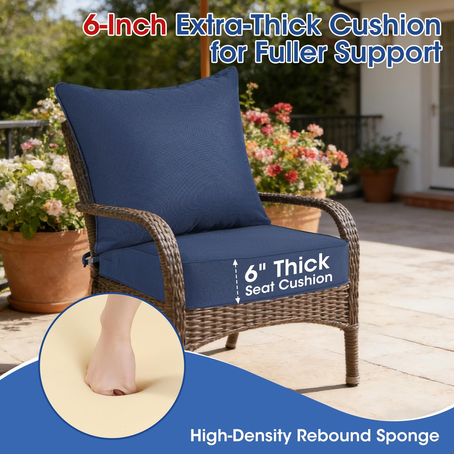 Domvaranique Patio Furniture Cushion Set, 24 x 24 x 6 Extra Thick Deep Seat Outdoor Chair Cushions for Patio Furniture, Olefin Replacement Set, Water Resistant, Removable Cover, Ties and Handle, Blue