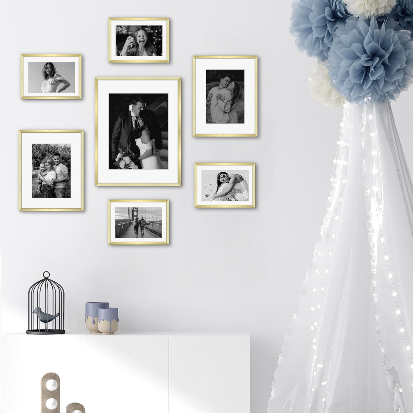 Frametory, Gold Aluminum Picture Frame with Removable Mat - Set of 7 Includes Four 5x7, Two 8x10, One 11x14 - Real Glass Front - Simple Gallery Wall Frames for Art Prints and Posters