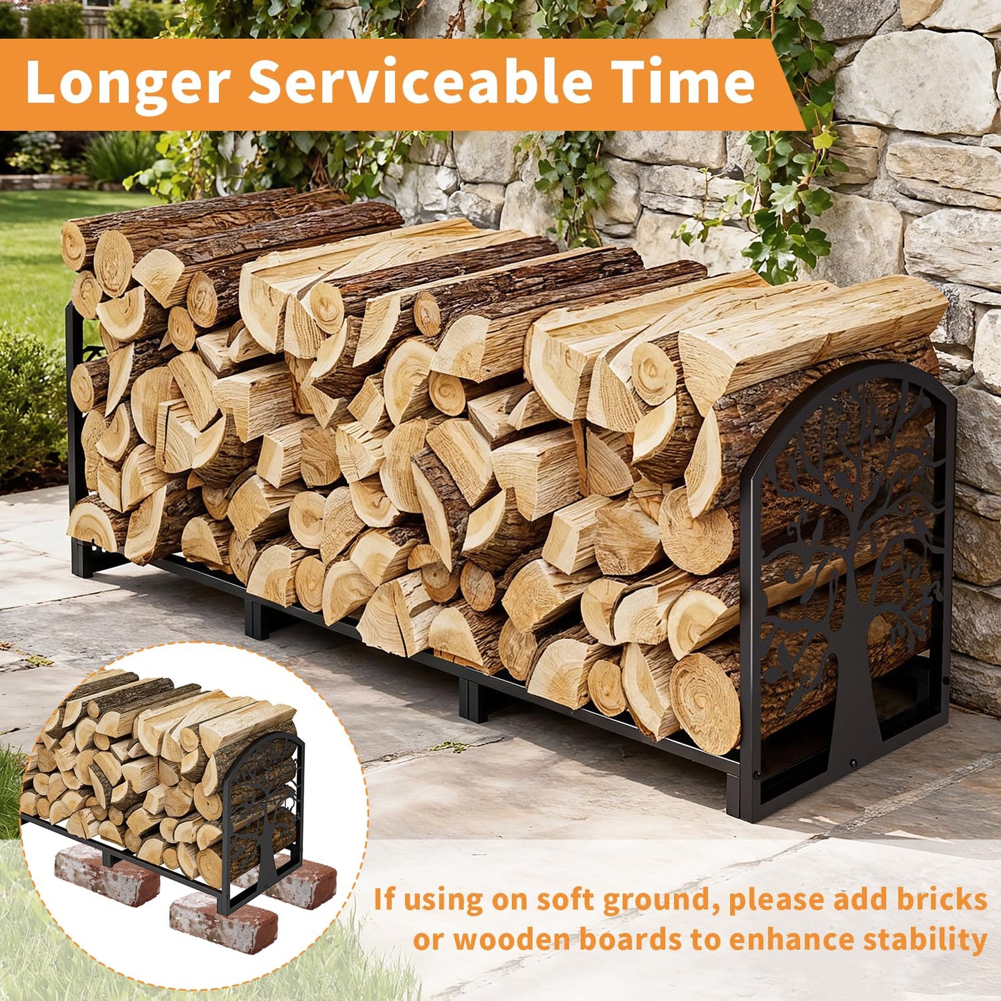 ZONVEOKE 4ft Firewood Rack Outdoor Indoor, Heavy Duty Log Storage Holder with Artistic Tree Silhouette Sides, Steel Wood Pile Stand for Backyard, Patio & Porch, Holds 1/4 Cord Firewood
