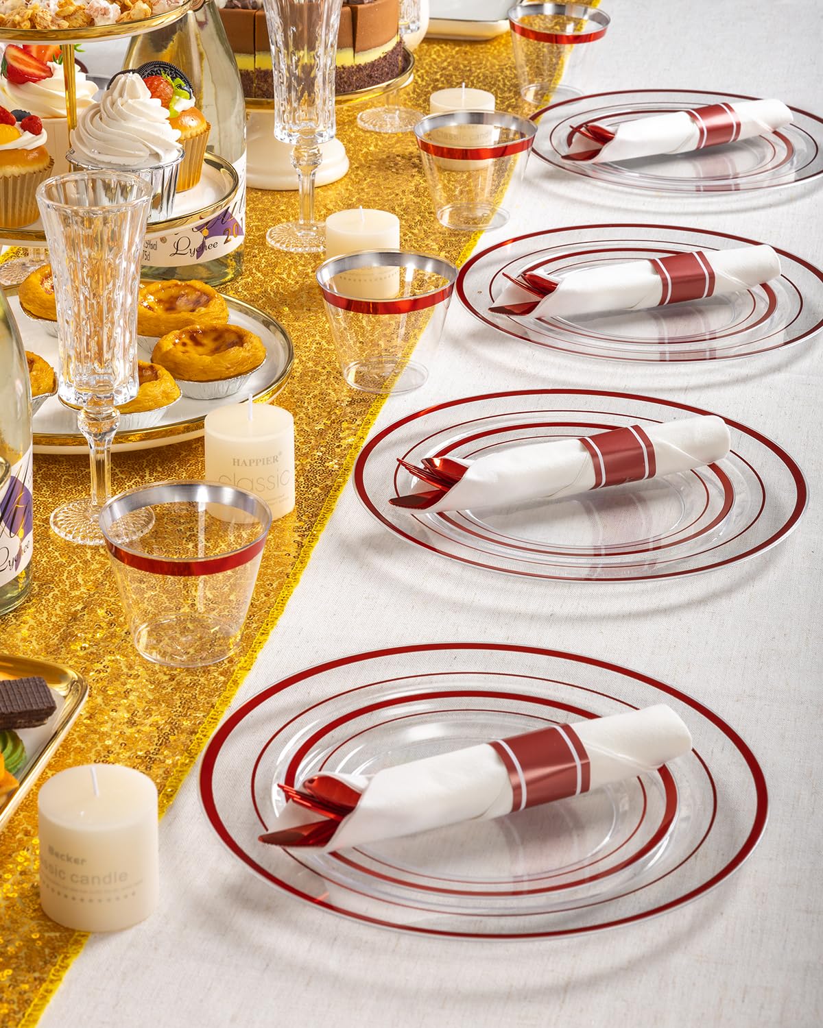 Goodluck 175 Pcs Red Plastic Plates, Clear Plastic Silverware Disposable Plates Set, Include 50 Plates, 25 Pack Pre Rolled Napkins with Silverware, 25 Cups for Party, Christmas, Graduation, Wedding