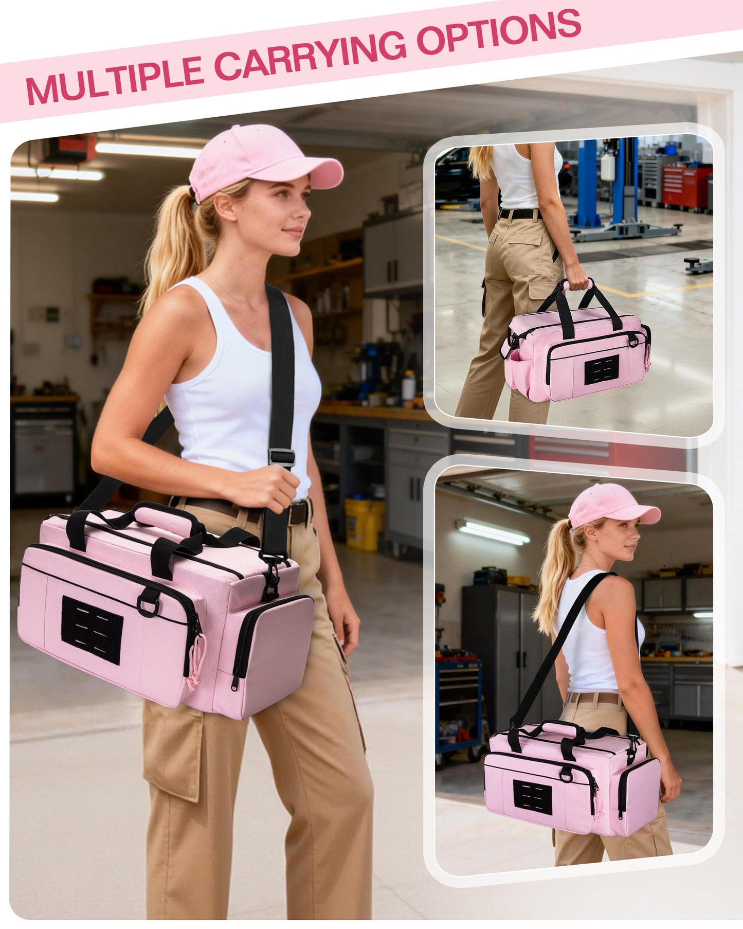 Trahzia Tactical Tool Bag for Women, 16 Inches Tool Storage Organizer Box with Wide Mouth, Large Toolbag Toolbox with Handle, Pink (Empty Bag Only)