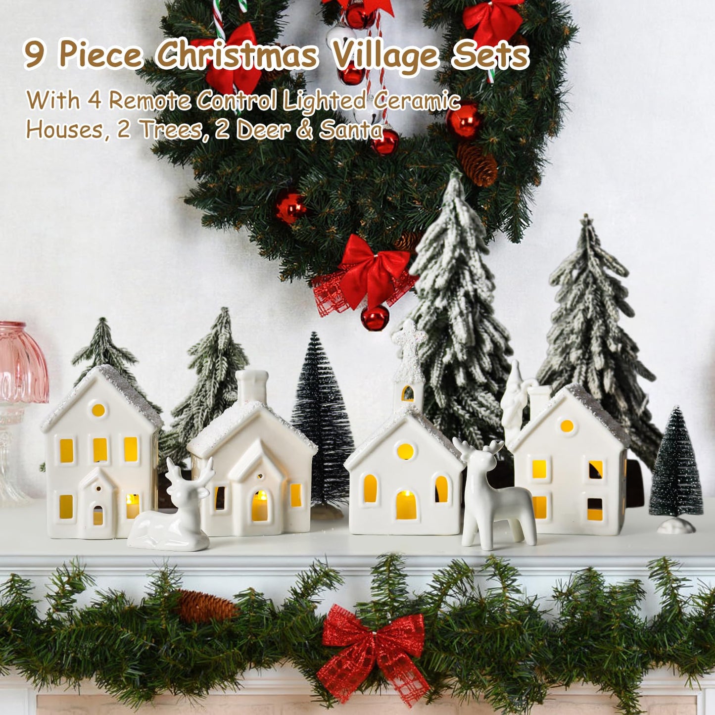 Christmas Decorations Indoor - 9 Piece Christmas Village Sets with 4 Remote Control Lighted Ceramic Houses, 2 Trees, 2 Deer & Santa - Neutral White Farmhouse Holiday Decor for Home Table Room(White)
