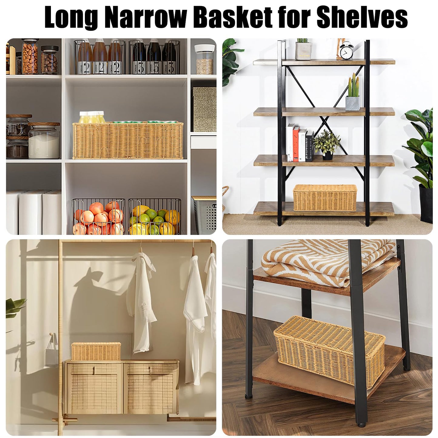 Sumnacon Wicker Storage Basket with Lid, Rectangular Narrow Baskets for Bathroom, Farmhouse Imitation Rattan Bin with Dividers, Decorative Handwoven Tray Organizer for Countertop Shelves Toilet Tank