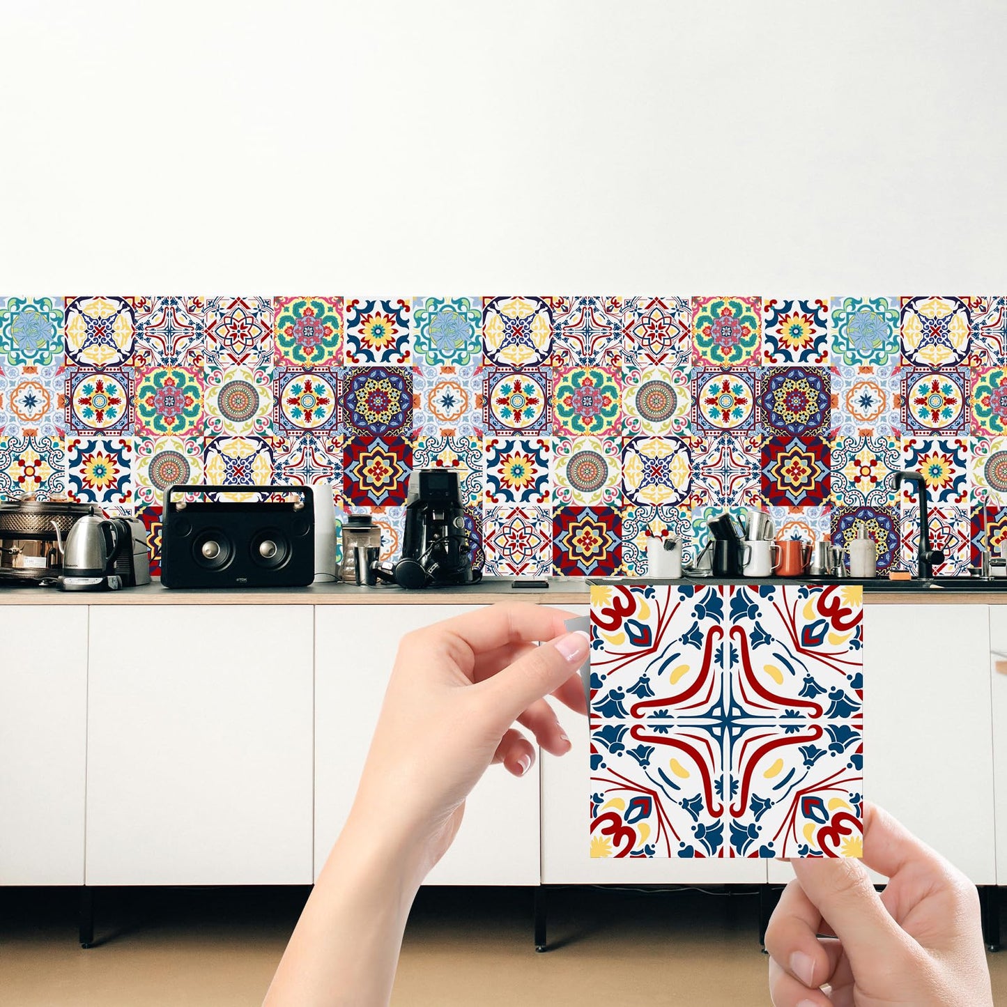 AWLZJZQA 24 PCS (6"x6") Retro Mexican Tile Sticker Peel and Stick Wall Decals Talavera Kitchen Backsplash Boho Cover Up Waterproof Murals (Wallstickers-005, 6 Inch)