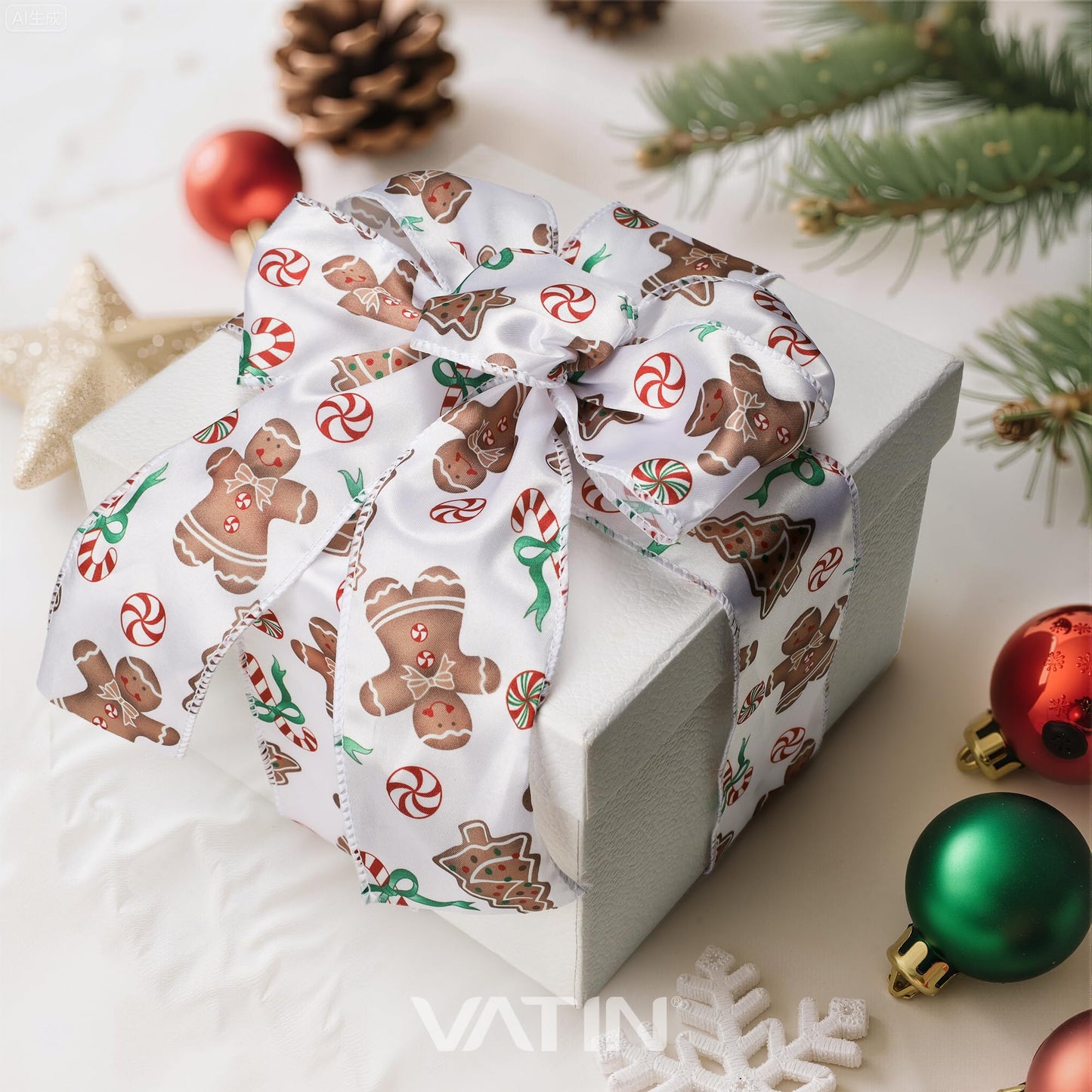 VATIN Stain Ribbon with Gingerbread Man Printed, 2-1/2" x 10 Yards Thick Ribbon for Christmas Holiday Craft, Gift Wrapping,Flower Bouquet