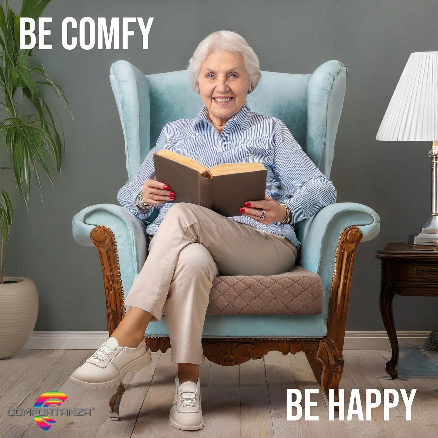 COMFORTANZA Medium-Soft 20x20x4 Memory Foam Recliner Chair Seat Cushion for Long Sitting - Armchair Pad with Washable Velvety Cover with Waterproof Layer & Non-Slip Base for Seniors & Elderly - Brown