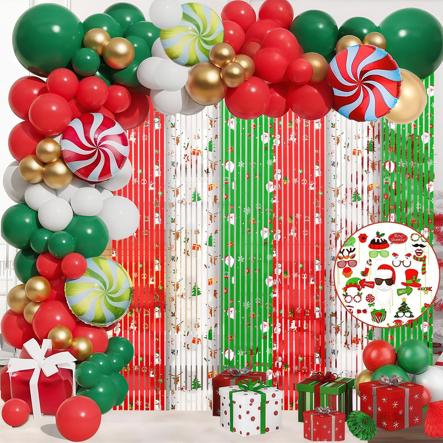 MEHOFOND 164pcs Merry Christmas Party Decorations Set, Christmas Foil Fringe Curtains, Red Green Gold Balloons Arch Garland Favors for Kids Adults Friends Ugly Sweater Party Props for Photo Supplies