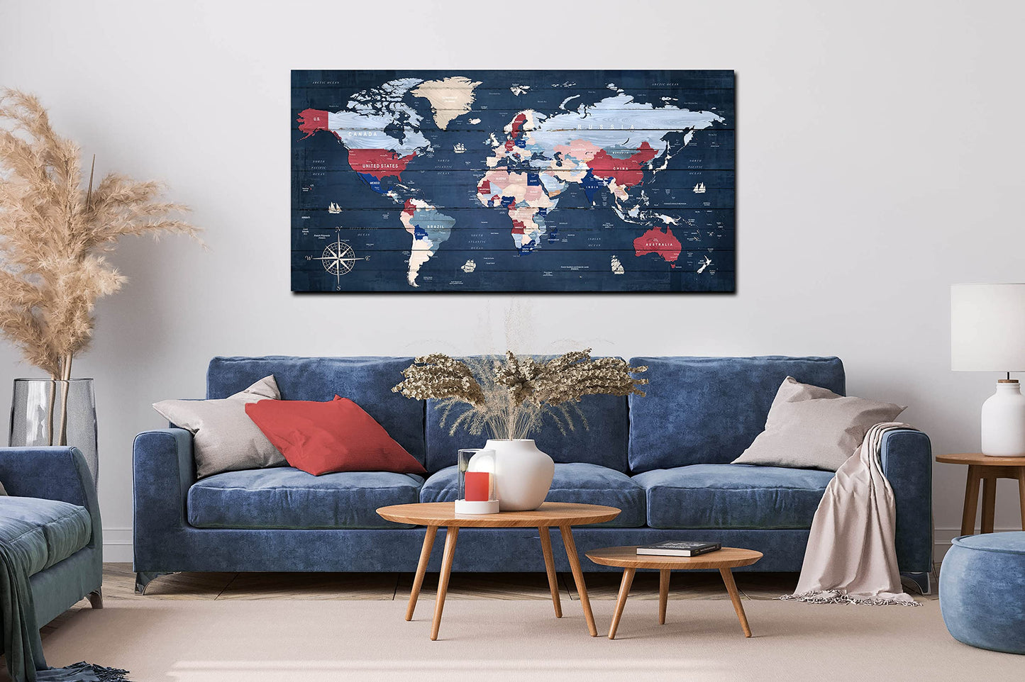 ZHAOSHOP Blue World Map Wall-Art For Office - Large World Maps For Wall - Canvas Wall Art Stretched and Framed Ready to Hang Size 40" x 20"