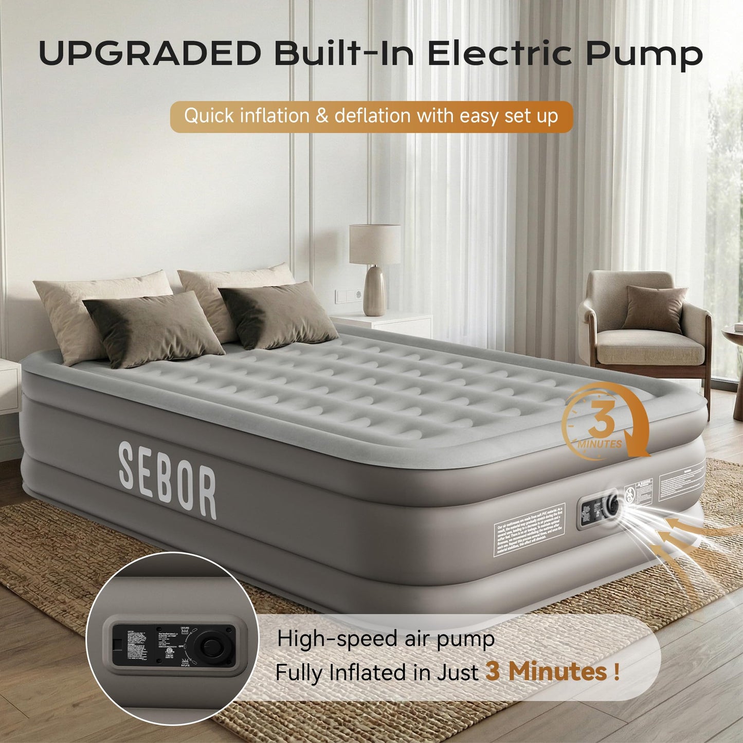 Sebor Air Mattress Queen with Built-in Pump 18", Comfortable Self-Inflating Blow up Mattress with High-Speed Pump, Durable Queen Size Air Mattress with Storage Bag for Guests, Moving, Camping, Travel