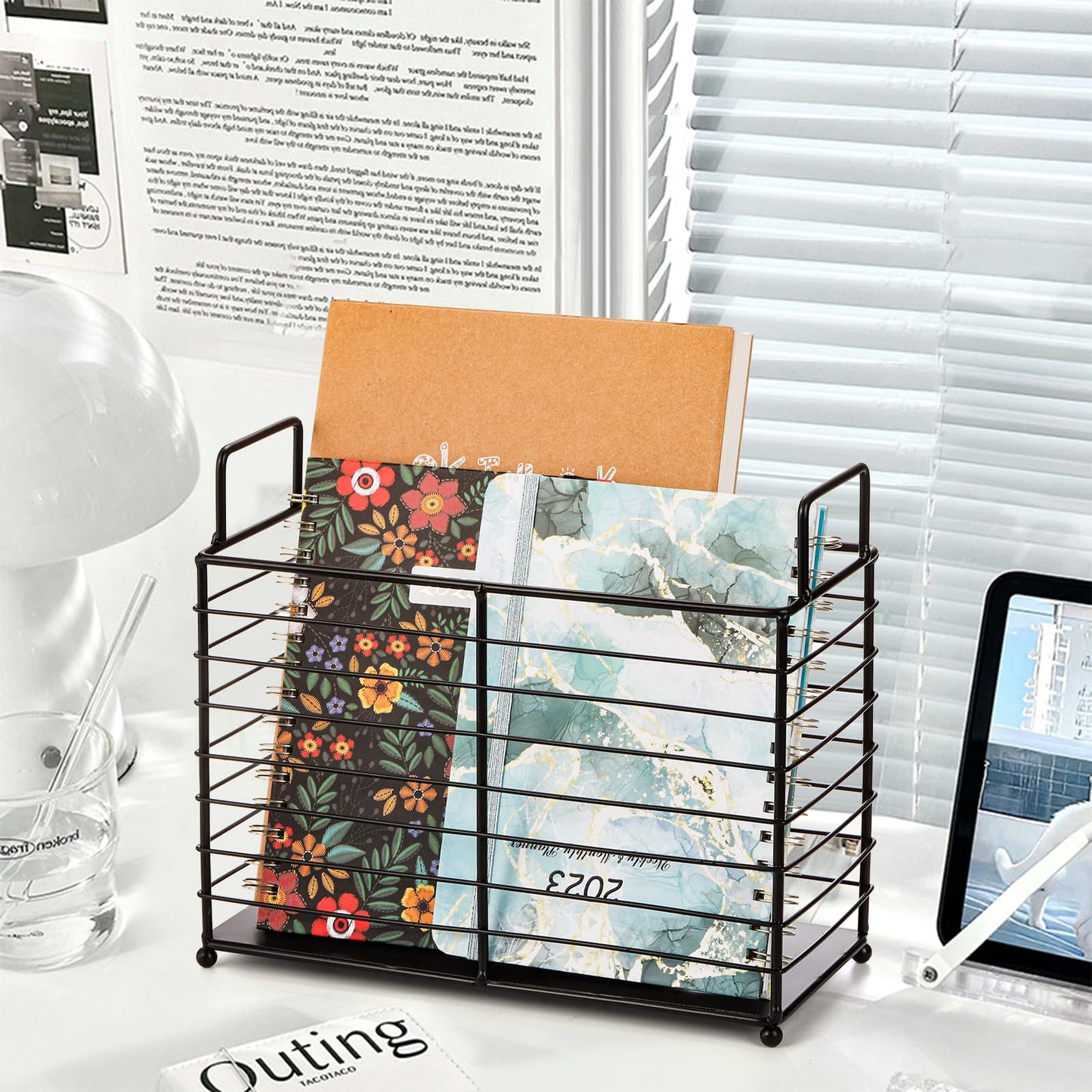 Noamus Metal Magazine Rack, Newspaper Book Tablet Storage Basket, File Holder Mail Organizer Bin with Handles, Iron Wire Black Folder Stand Holder for Home Office Bathroom Bedroom Den Living Room