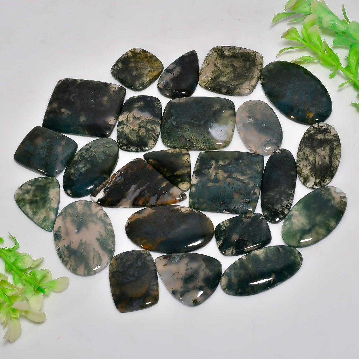 Natural 5, 4 & 3 Pcs Gemstones Cabochons Lot (15–30 MM), Multi Shape Stones for Jewelry Making Supplies Healing Crystals Gems Loose Gemstones (Moss agate, 5pcs)
