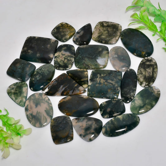 Natural 5, 4 & 3 Pcs Gemstones Cabochons Lot (15–30 MM), Multi Shape Stones for Jewelry Making Supplies Healing Crystals Gems Loose Gemstones (Moss agate, 5pcs)