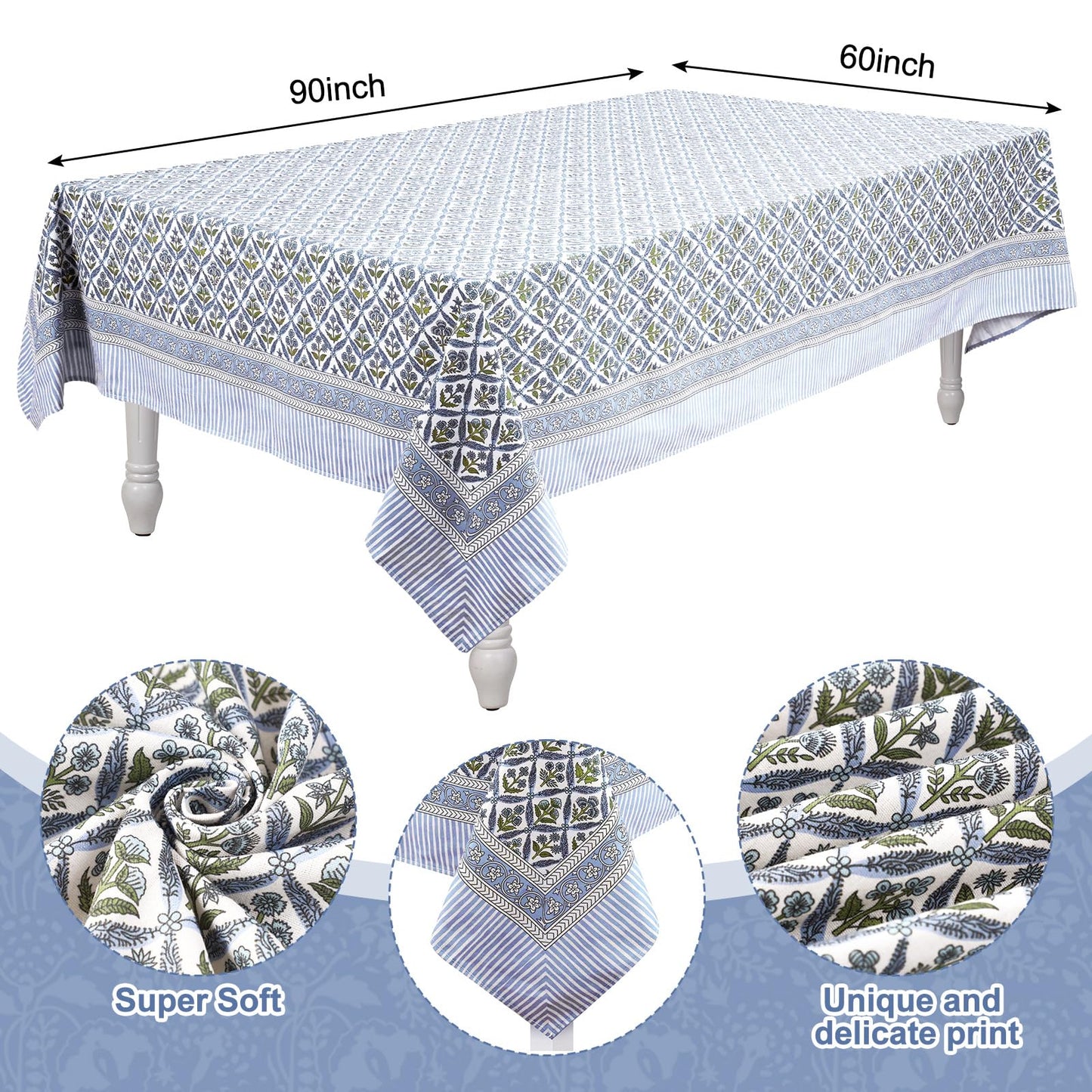 Newtay 60'' x 90'' Cotton Tablecloth Handmade Cotton Floral Tablecloth Washable Print Rectangle Table Cover with Dust Proof Wrinkle Resistant for Kitchen Dining Party Buffe(Light Steel, Blue)