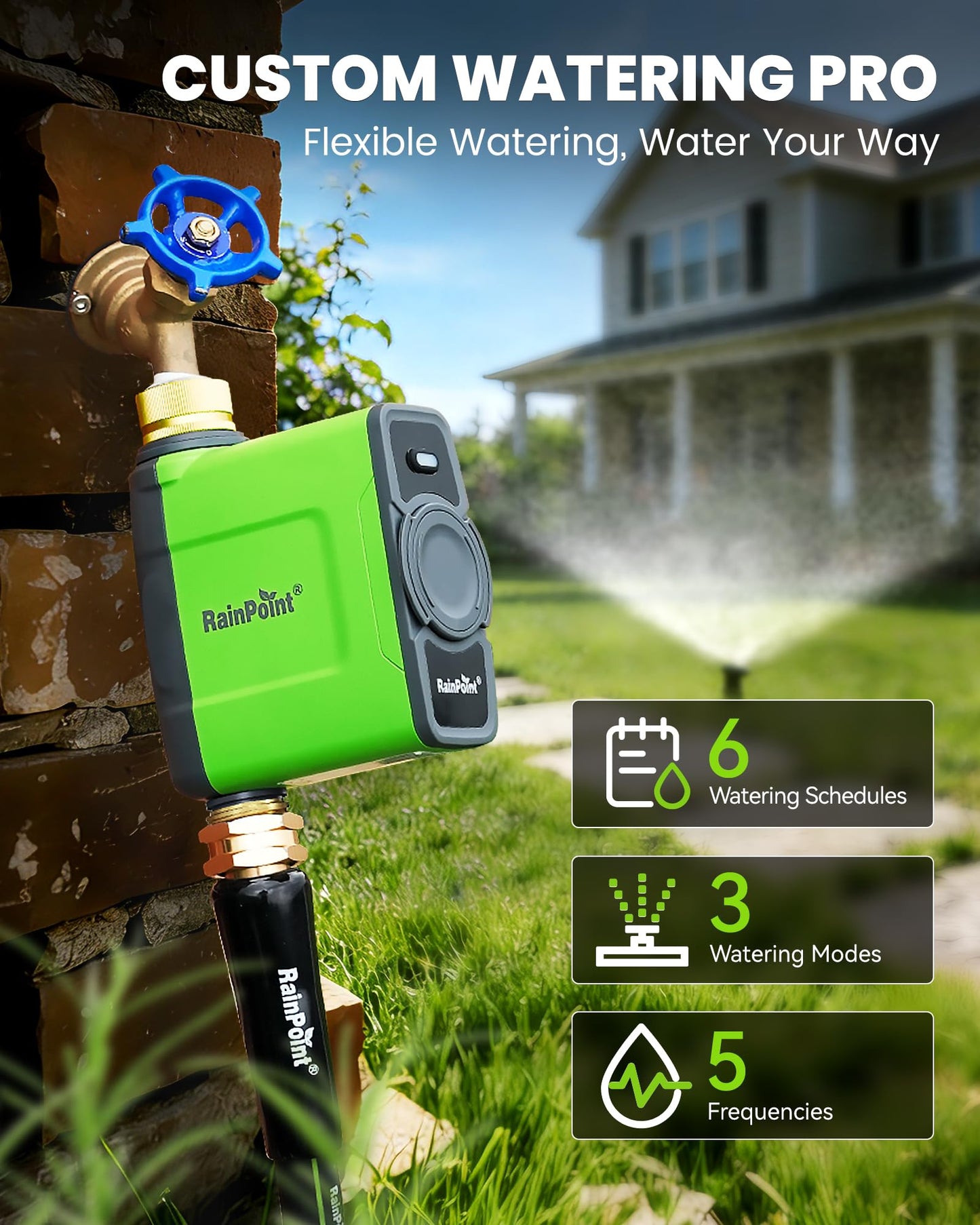 RAINPOINT WiFi Water Timer for Garden Hose, WiFi Sprinkler Controller, Smart Hose Timer Valve, Automatic Drip Irrigation System/Rain Delay for Garden/Lawn/Yard (Brass Inlet & Outlet, WiFi Gateway)