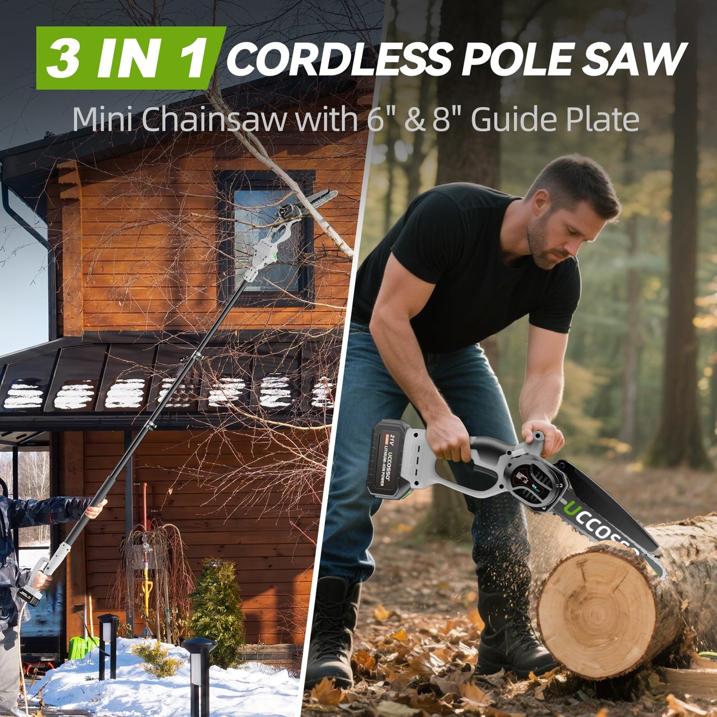 3-in-1 Electric Pole Saws for Tree Trimming 6&8" Mini Chainsaw Cordless with Extension Pole,850W Brushless Motor,Auto Oiling,Total Reach of Max 15ft,Pole Saw for Home & Garden & DIY-Gray