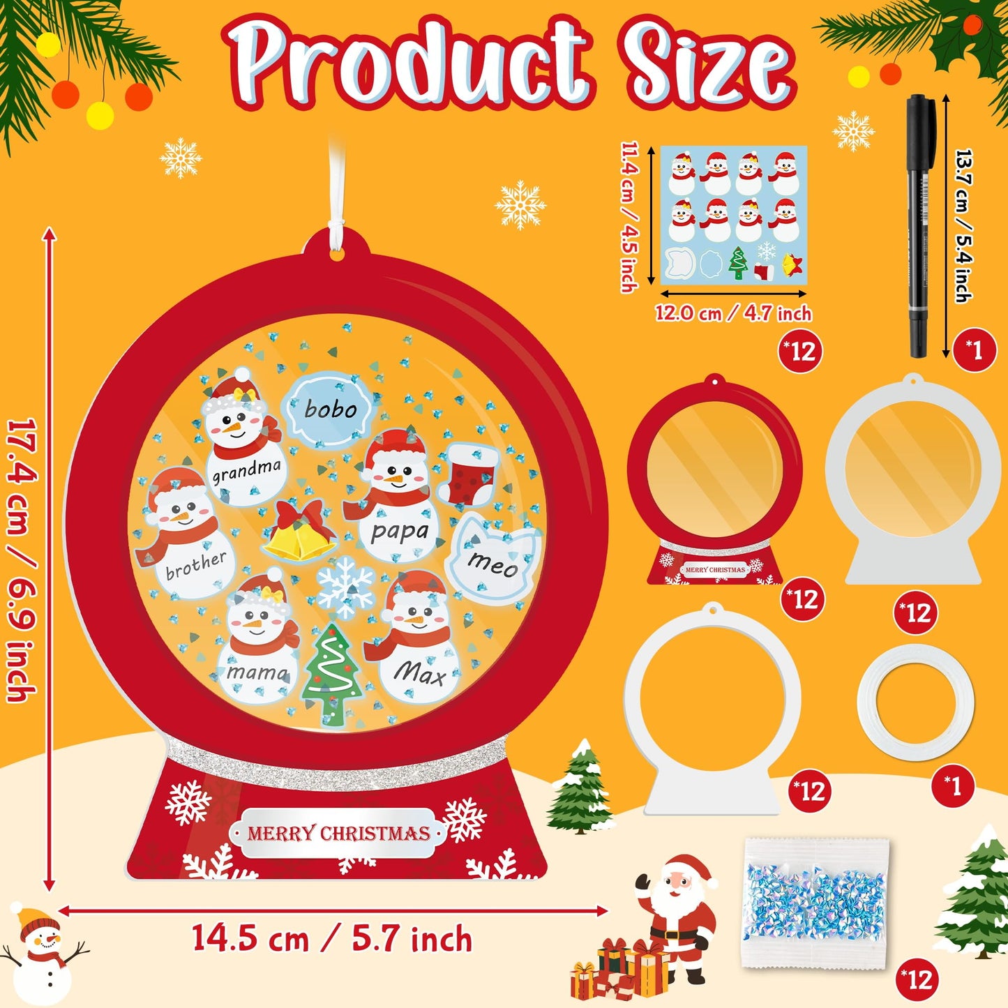 B1ykin Christmas Shaking Globe Craft Kit - 12Pcs DIY Family Members Names Snow Globe Hanging Ornaments with Glitter Diamond Marker Pen, Christmas Tree Party Decor for Home School Activity (Snowman)