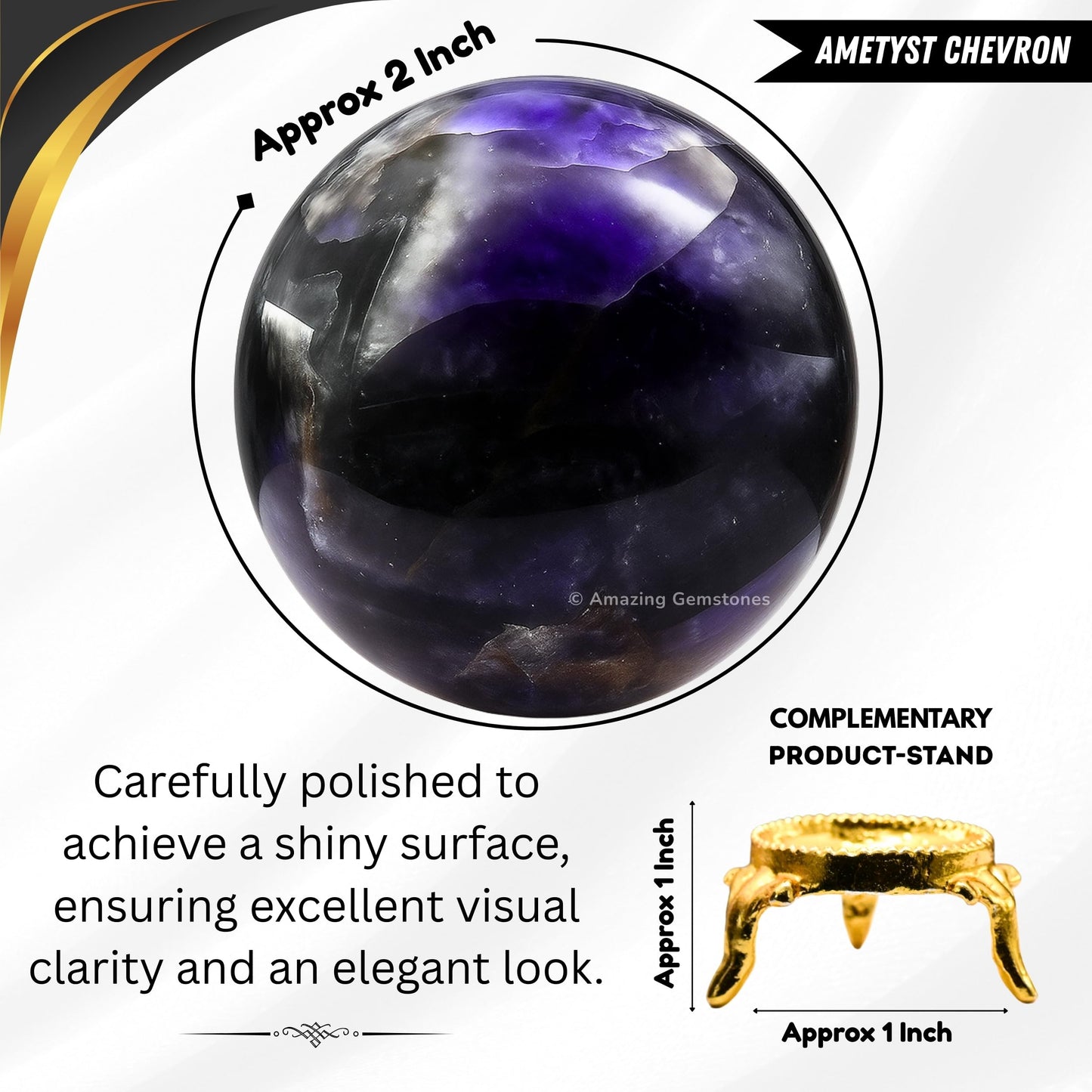 Amazing Gemstone Amethyst Chevron Crystal Ball with Stand - 2" Inches Crystal Sphere Meditation Balls for Witchcraft and Decorative Balls