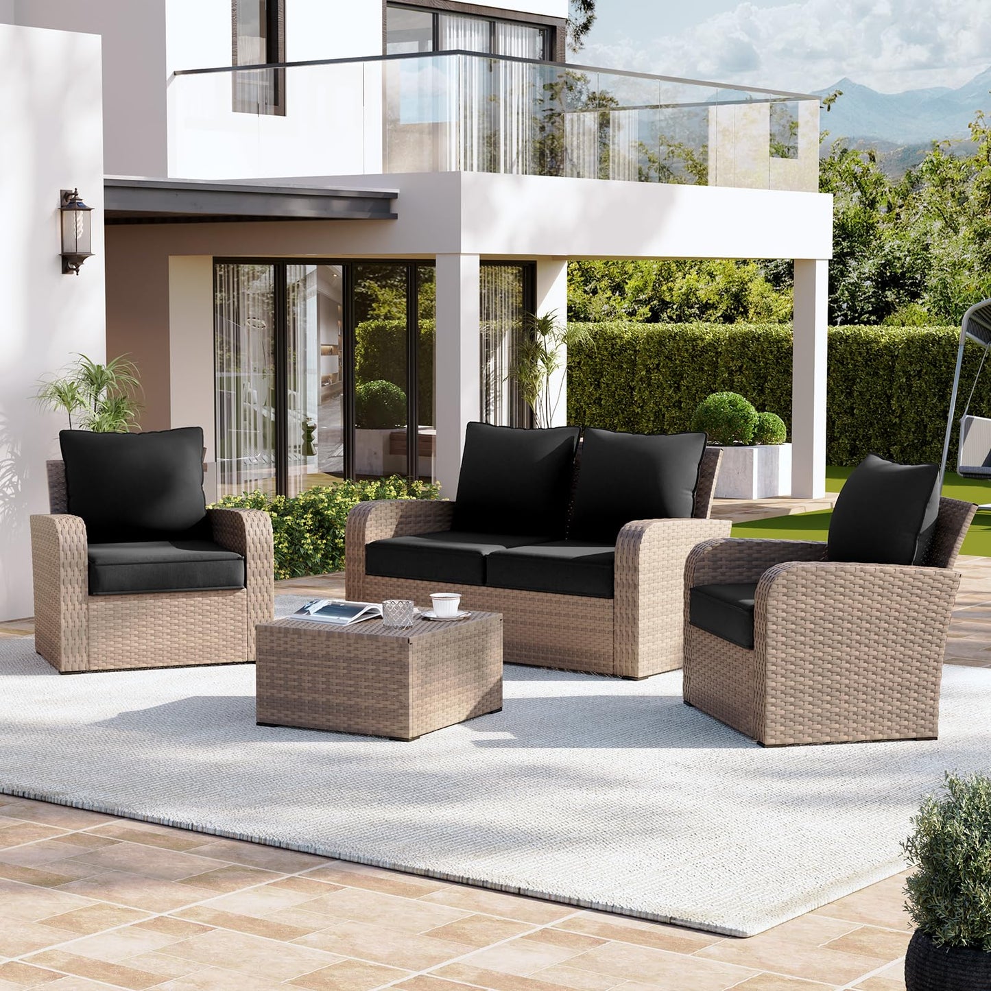 Aoxun Replacement Cushions for Outdoor Furniture, 4-Piece Outdoor Cushions for Patio Furniture, Deep Seat, Waterproof & Fade Resistant Couch Cushion for 4-Seat Patio Conversation Sets, Black