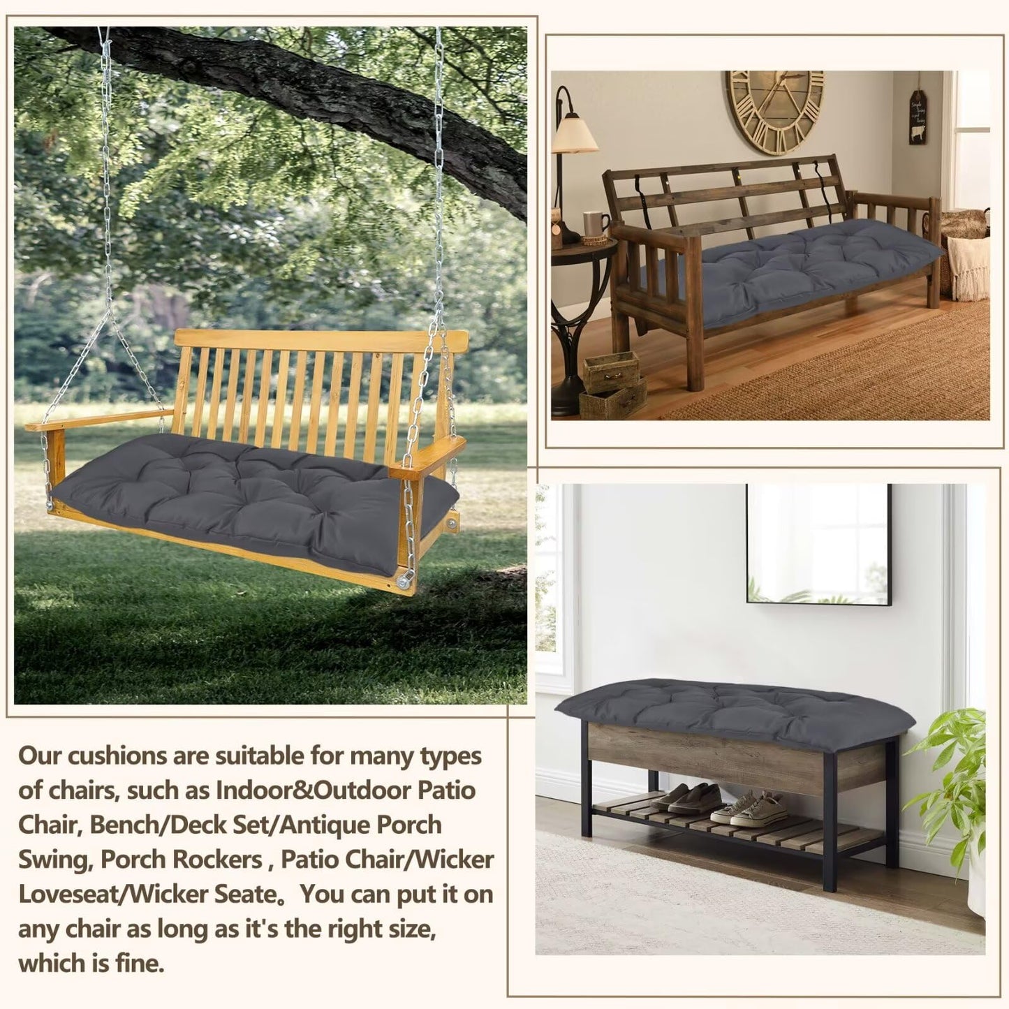 Yddsky Waterproof Indoor/Outdoor Garden Bench Seat Cushions，Thicken Patio Bench Soft Rocking Chairs Pad Lounger Seat for Wicker Loveseat Settee（59 X 19.6 in，Dark Gray）