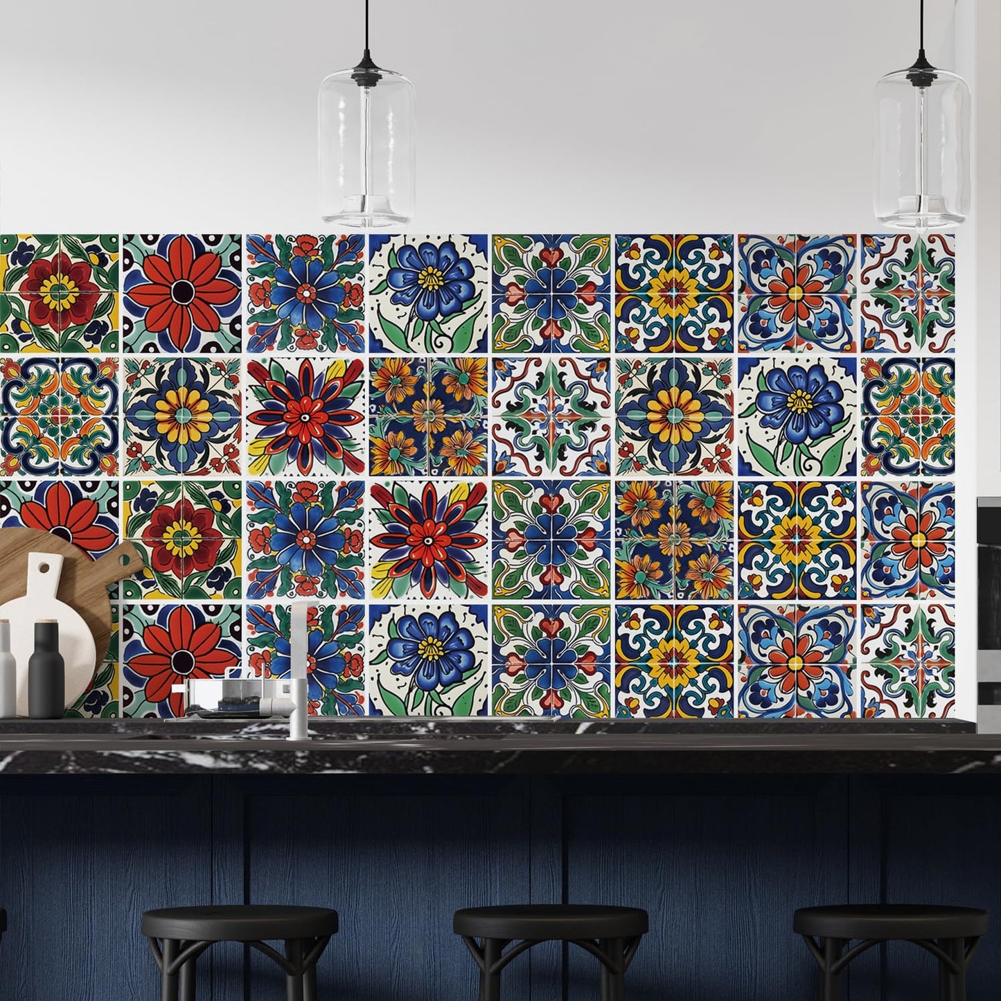 30 Pcs Mediterranean Style Peel and Stick Wall Tile Decals - Waterproof Vinyl Stickers for Kitchen Backsplash, Bathroom, Stair Riser Decor - Spanish Floral Pattern - 4x4 Inch