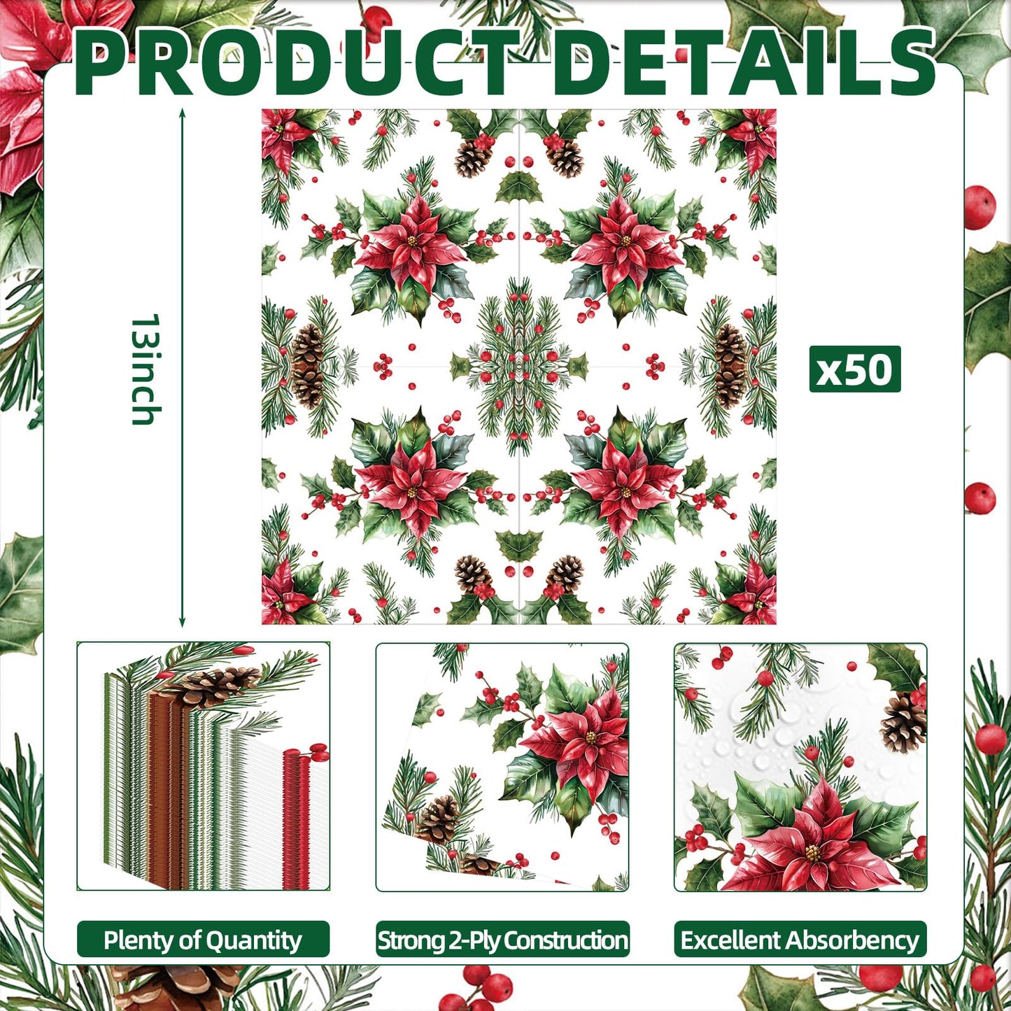 50 Pcs Christmas Poinsettia Paper Napkins, Disposable Holiday Cocktail Napkin with Red Flower, Holly, Pinecone, and Berry Design for Xmas Dinner, Winter Birthdays, Weddings, Seasonal Table Decorations