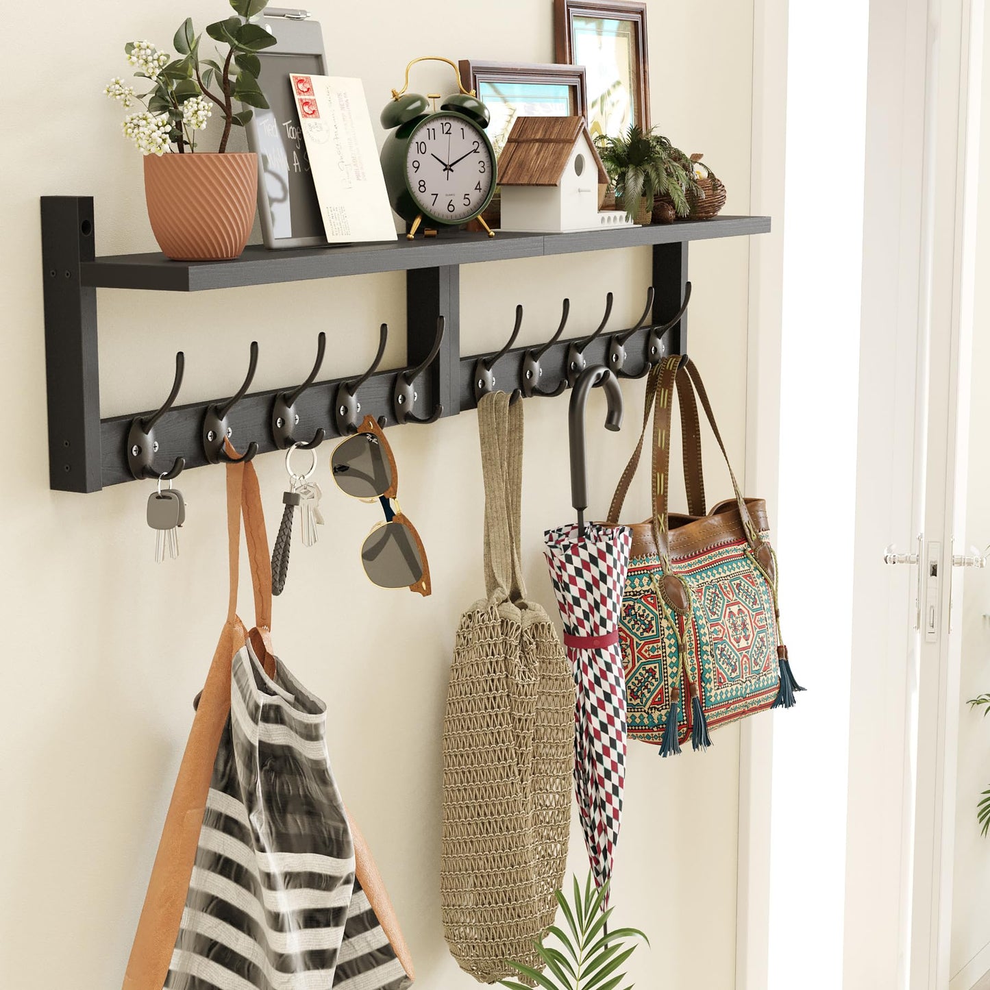 AMBIRD 34.2" Extra Long Wooden Wall Hook Rack with Shelf - Versatile and Decorative Wall-Mounted Storage with 10 Hooks for Coats, Hats, Keys - Ideal for Entryways, Bedrooms, Closets (Stylish Black)