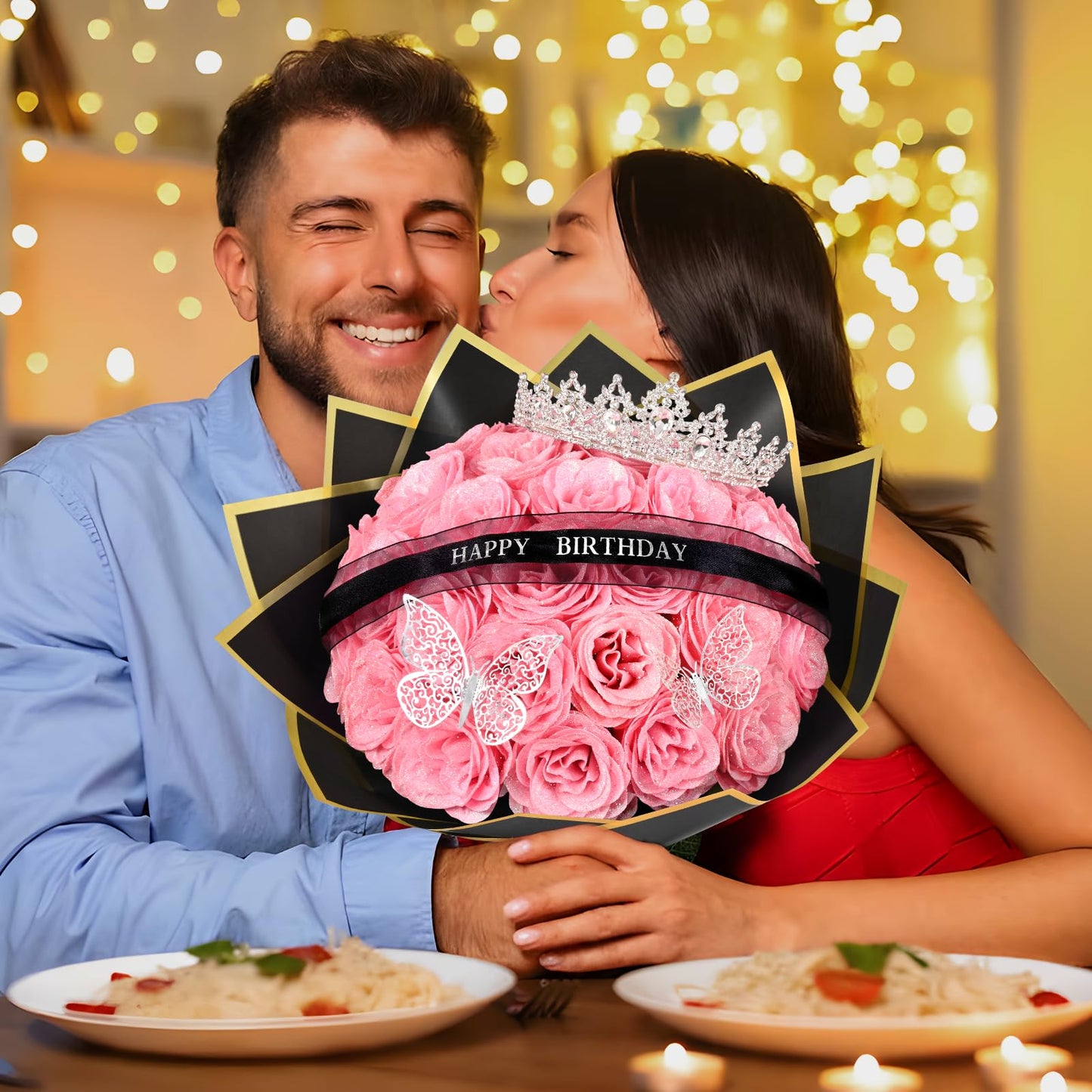 Waipfaru Glitter Roses Bouquet,Birthday Gifts for Women Mom,DIY Fake Flowers Bouquet with Birthday Stand-Up Signs,36 Pink Rose for Grandma Wife Friends
