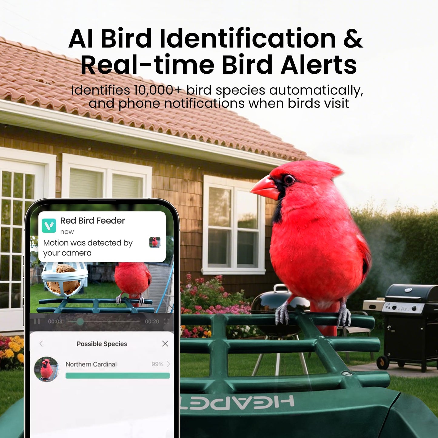 HEAPETS Bird Feeder with Camera Solar Powered, 4K UHD Video, AI Bird Recognition, Auto Capture with Instant Notifications, IP65 Weatherproof, Gifts for Seniors Bird Watchers, Brown