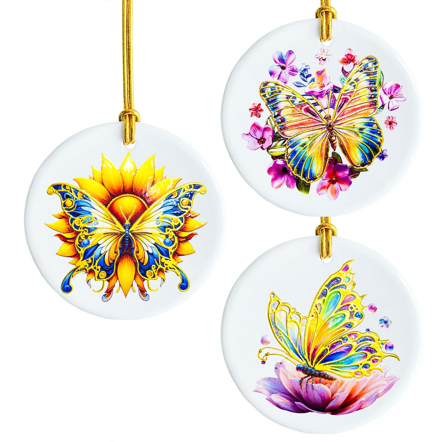 YOXUTEP 3-Pack Ceramic Butterfly Ornaments, Hand-Painted Christmas Tree Decor for Home, Exchange, Xmas Presents & Festive Decoration