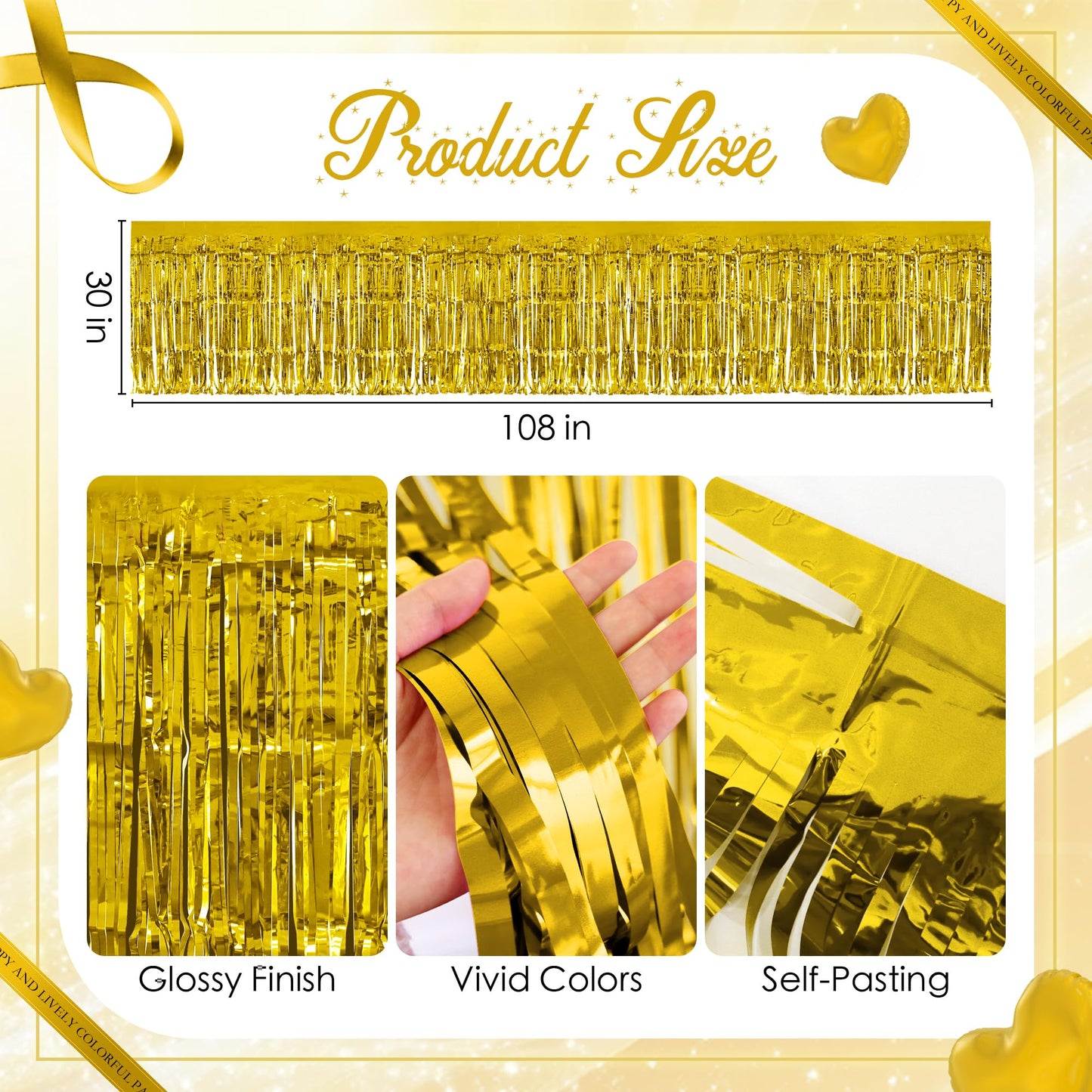 2 Pack Gold Table Skirts, 29x108" Metallic Foil Tinsel Fringe Table Skirts for Rectangle Tables Streamer Curtains Backdrop, Party Decorations for Birthdays Weddings Holidays