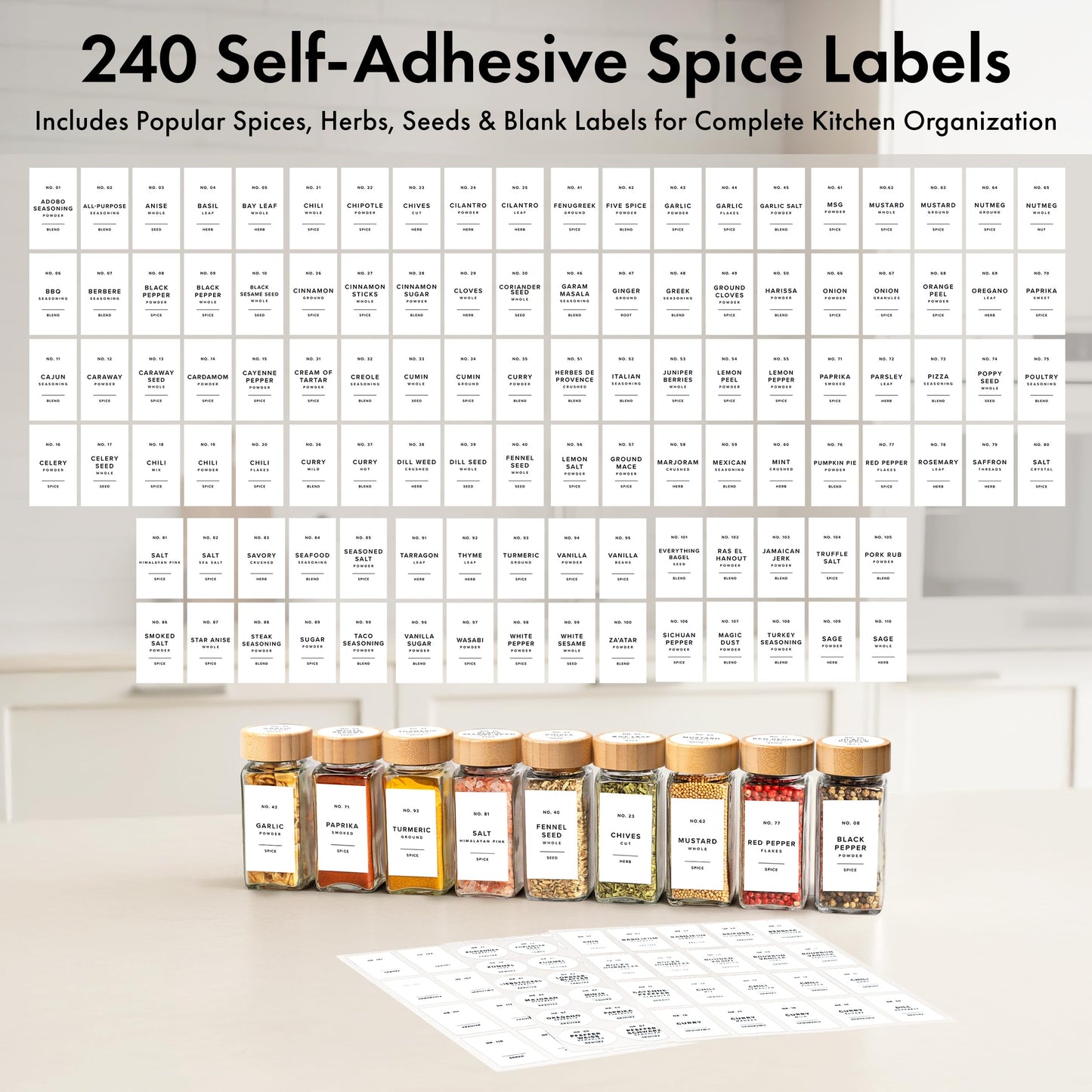 EDELHAUS® Square Spice Jars with Bamboo Wooden Lid (Pack of 24) Spice Jars with Shaker Insert and 240 Labels - Bamboo Lid Glass Container for Spice Organisation [4.3 in × 1.8 in]
