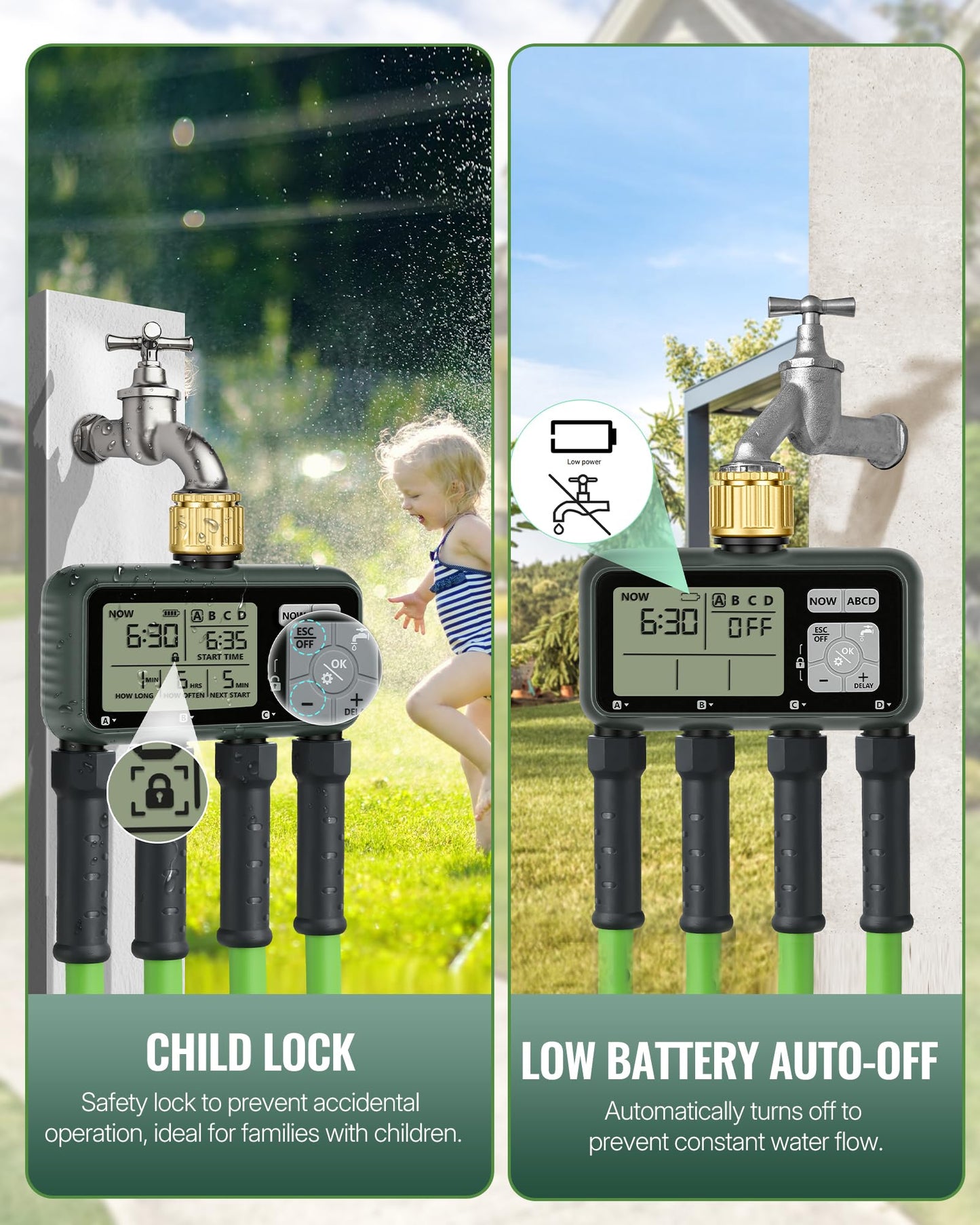 WILAWELS 4 Zone Brass Sprinkler Timer, Garden Hose Timer, Automatic Irrigation System, Programmable Faucet, 4 Outlets, with Rain Delay, Manual Mode,Child Lock, for Yard, Garden, Lawn, Green E14WT06
