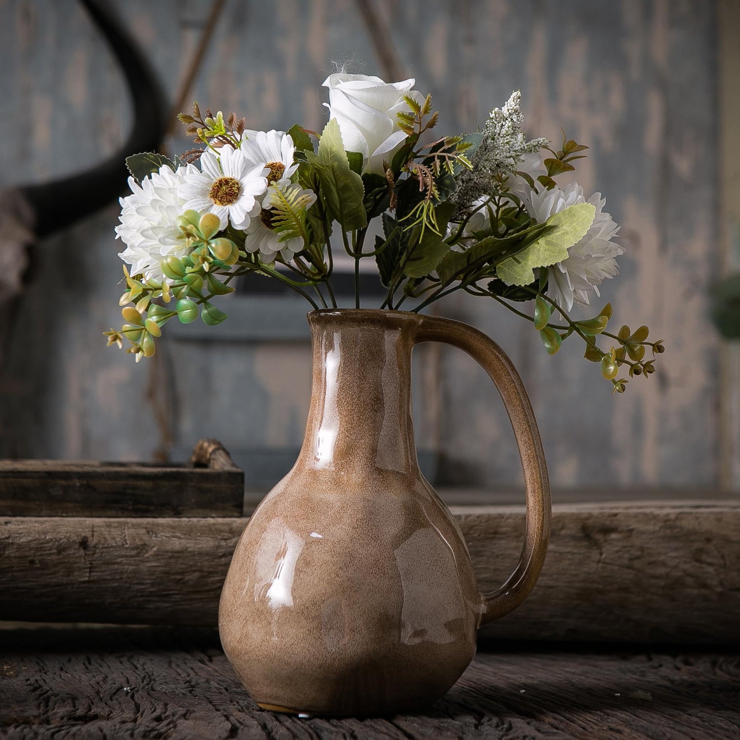 Tanvecle Brown Ceramic Vase with Big Handles, Modern Farmhouse Decor, Rustic Pottery for Flowers, Decorative Terracotta Centerpiece for Dining Table