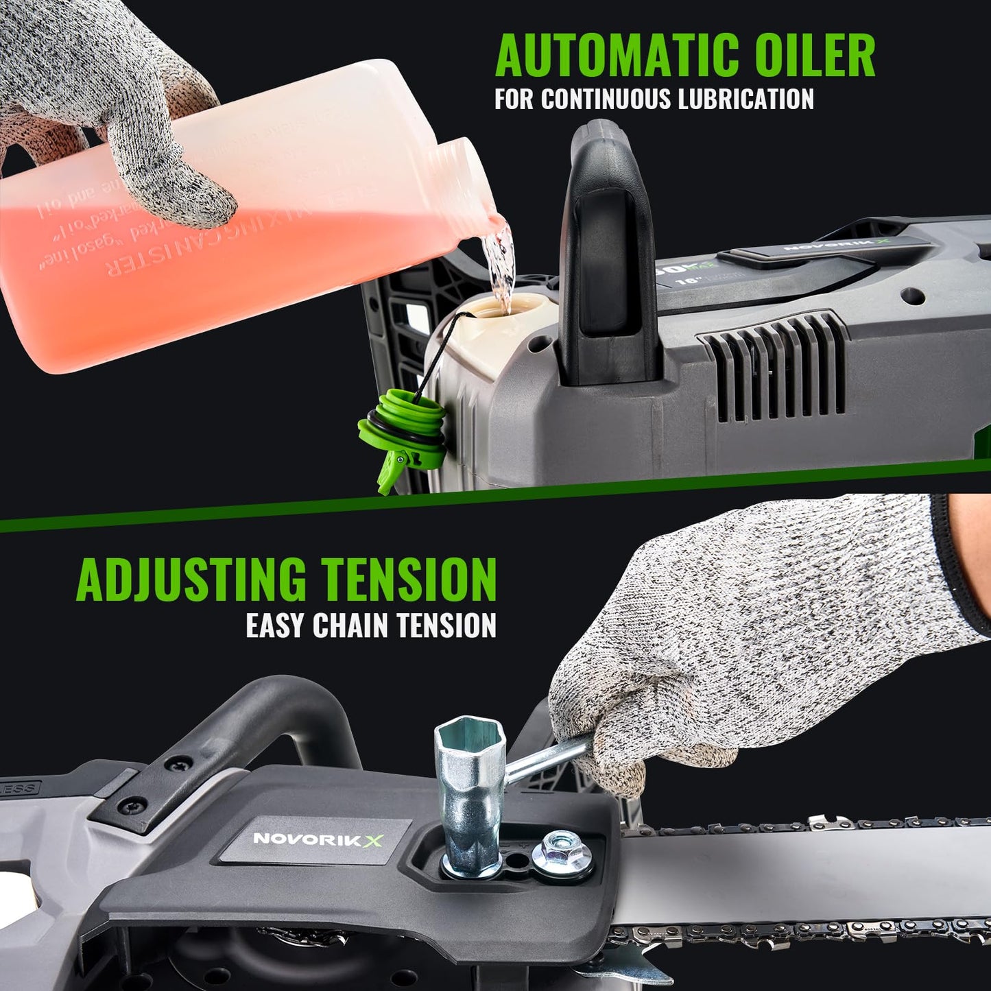 NovorikX 60V Brushless Cordless Chainsaw, 18"&16" Electric Chain Saw with 5.0Ah Battery & Charger, Automatic Oiler, Tool-Free Tension for Tree Trimming & Wood Cutting