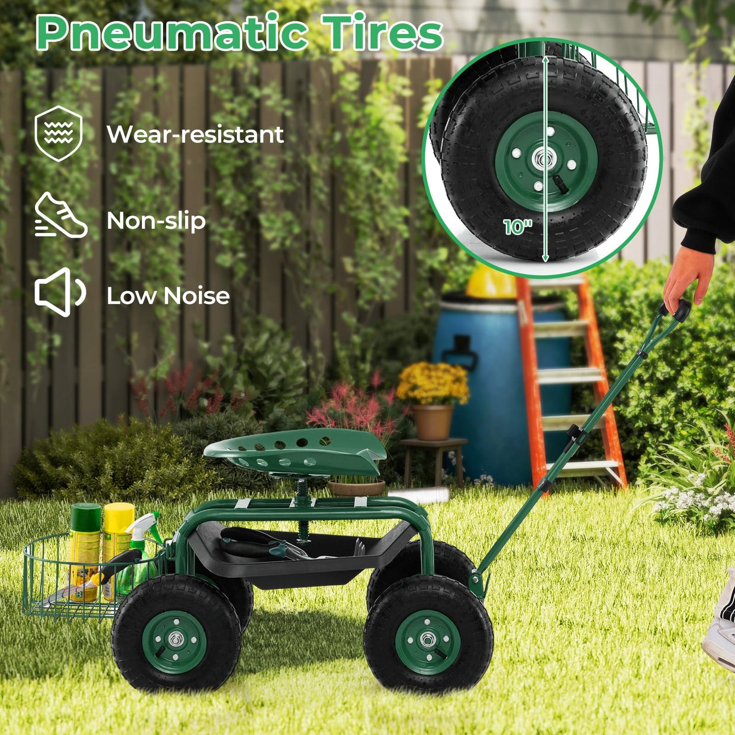 DORTALA Heavy Duty Garden Cart Work Seat w/360 Swivel Seat and Storage Basket, 4-Wheel Rolling Planting Cart w/Tool Tray Extendable Steering Handle Height Adjustable Seat for Gardening, Green