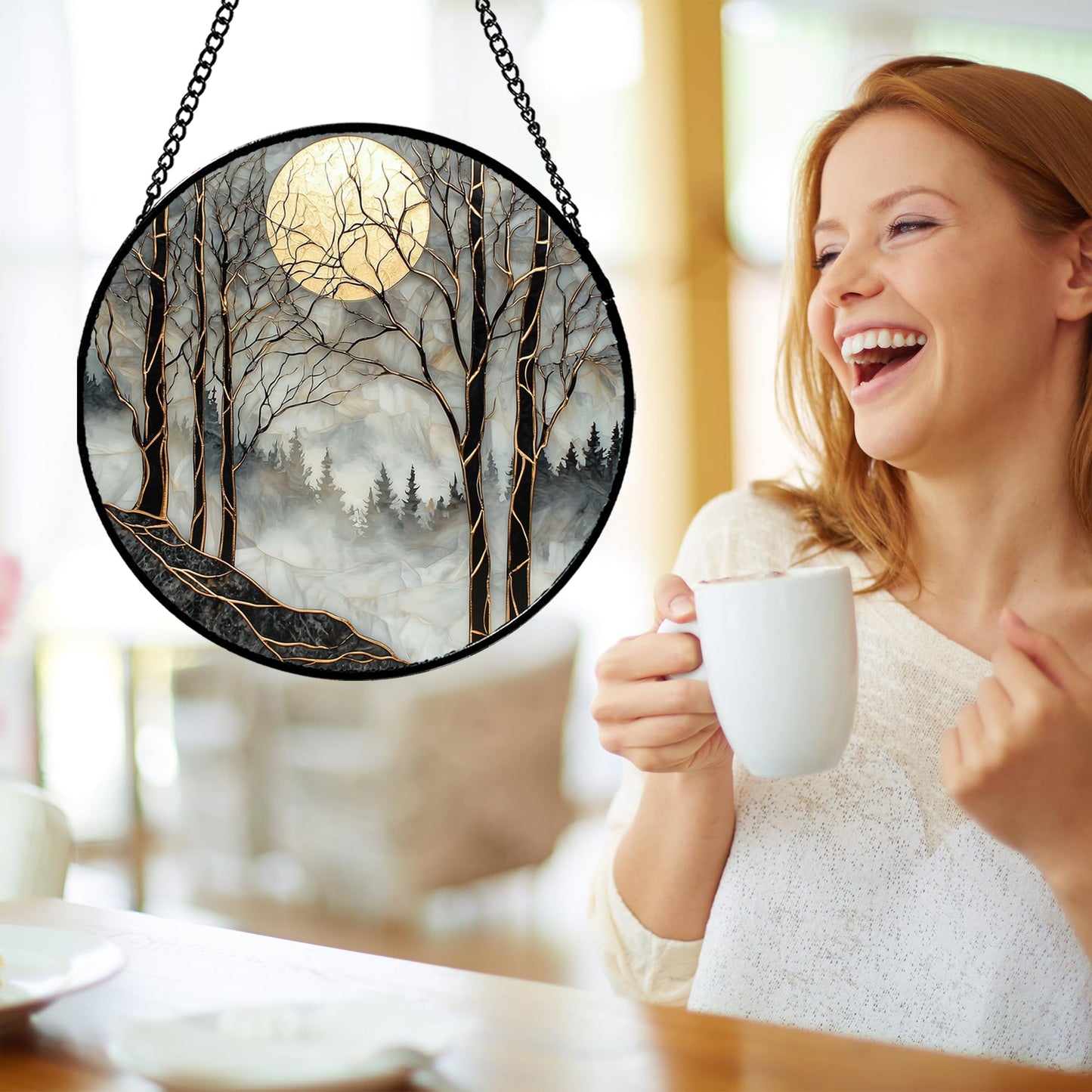 AMDERVEN Stained Glass Window Hanging - Black and White Gold Moon Forest Sun Catcher for Door Home Decor Suncatcher Christmas Mother's Day Birthday Gifts for Women Men Lovers Mom Nana 7.8 in