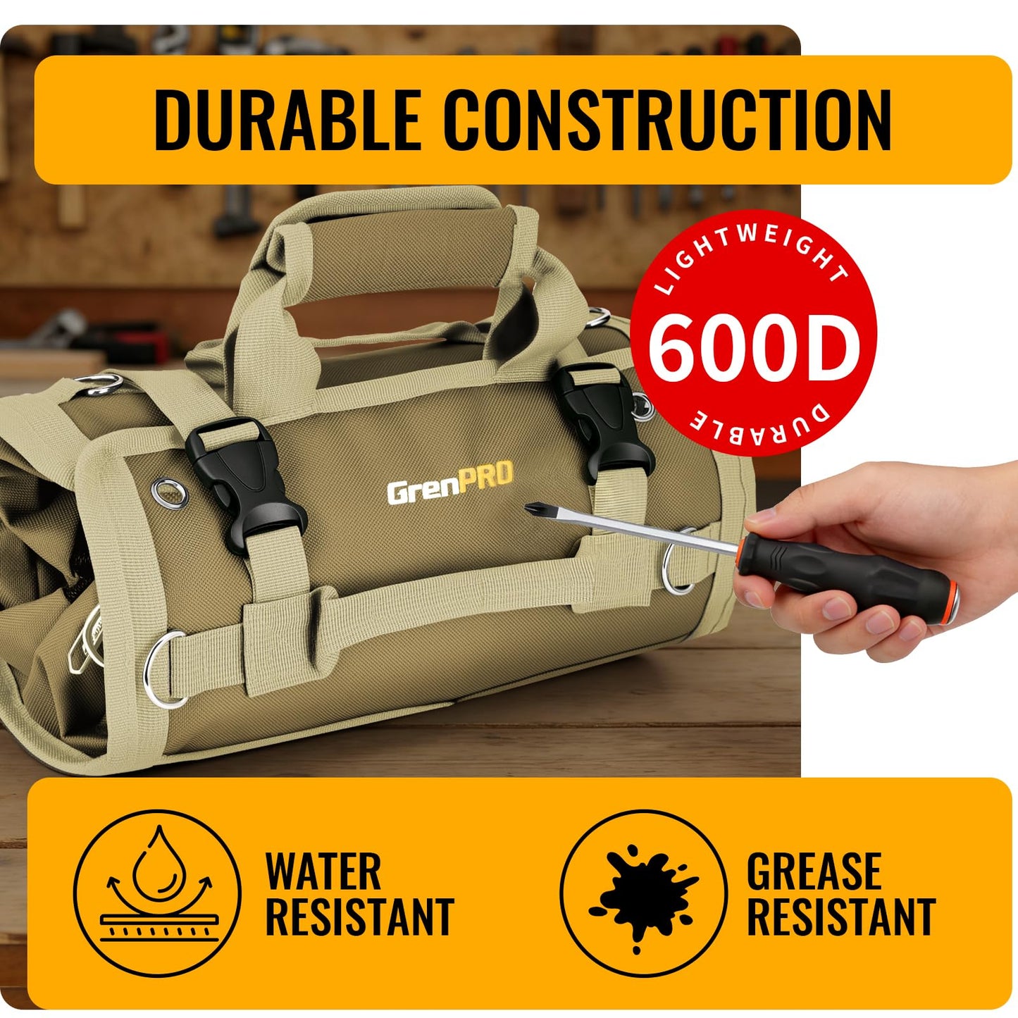 GrenPRO Roll Up Tool Bag, Tool Roll Up Bag with Detachable Tool Pouches, Soft Rollable Tool Pouch, Tool Organizer for Electricians, DIY, Valentines Day Gifts for Him Dad Men Mechanic Welding, Khaki