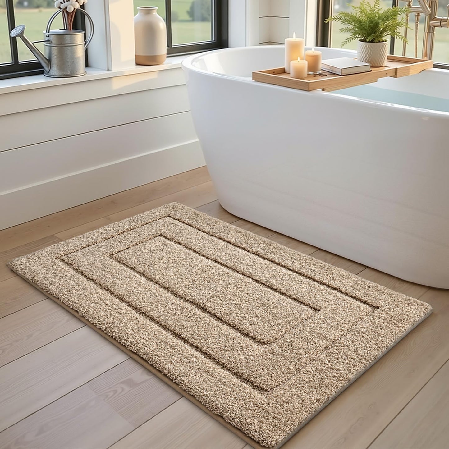 DEXI Bathroom Rug 43x24, Non Slip Washable Bath Mat for Shower Floor, Extra Large Absorbent Soft Bathmat with Rubber Backing, Quick Dry Microfiber Carpet, Beige