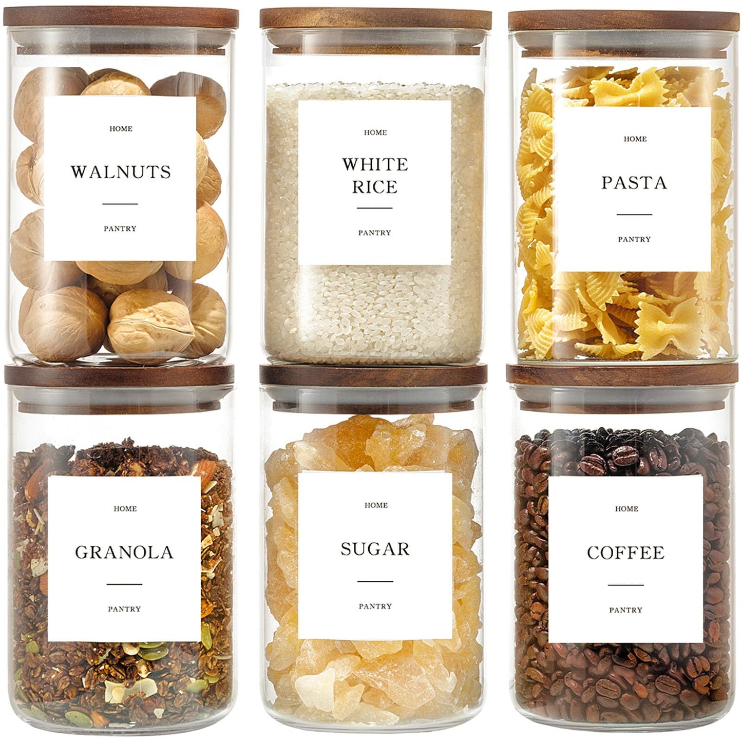 GENSTEUO Set of 6 Glass Pantry Jars with Acacia Wood Lids, 32oz Airtight Pantry Storage Containers with 105 Labels, Glass Kitchen Canisters for Coffee, Tea, Sugar, Pasta